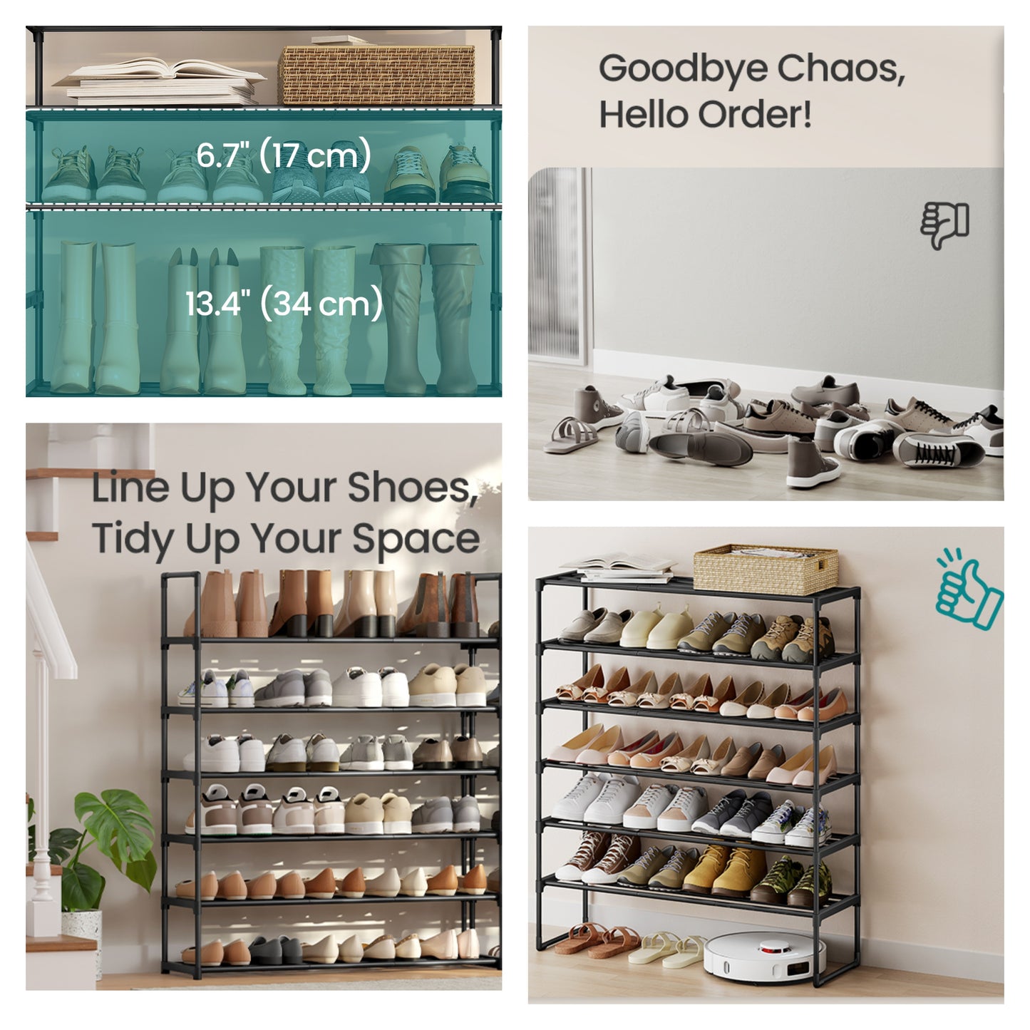 6-Tier PP Plastic, Steel Shoe Storage Shelf, Stackable Shoe Organizer, for Entryway, Black