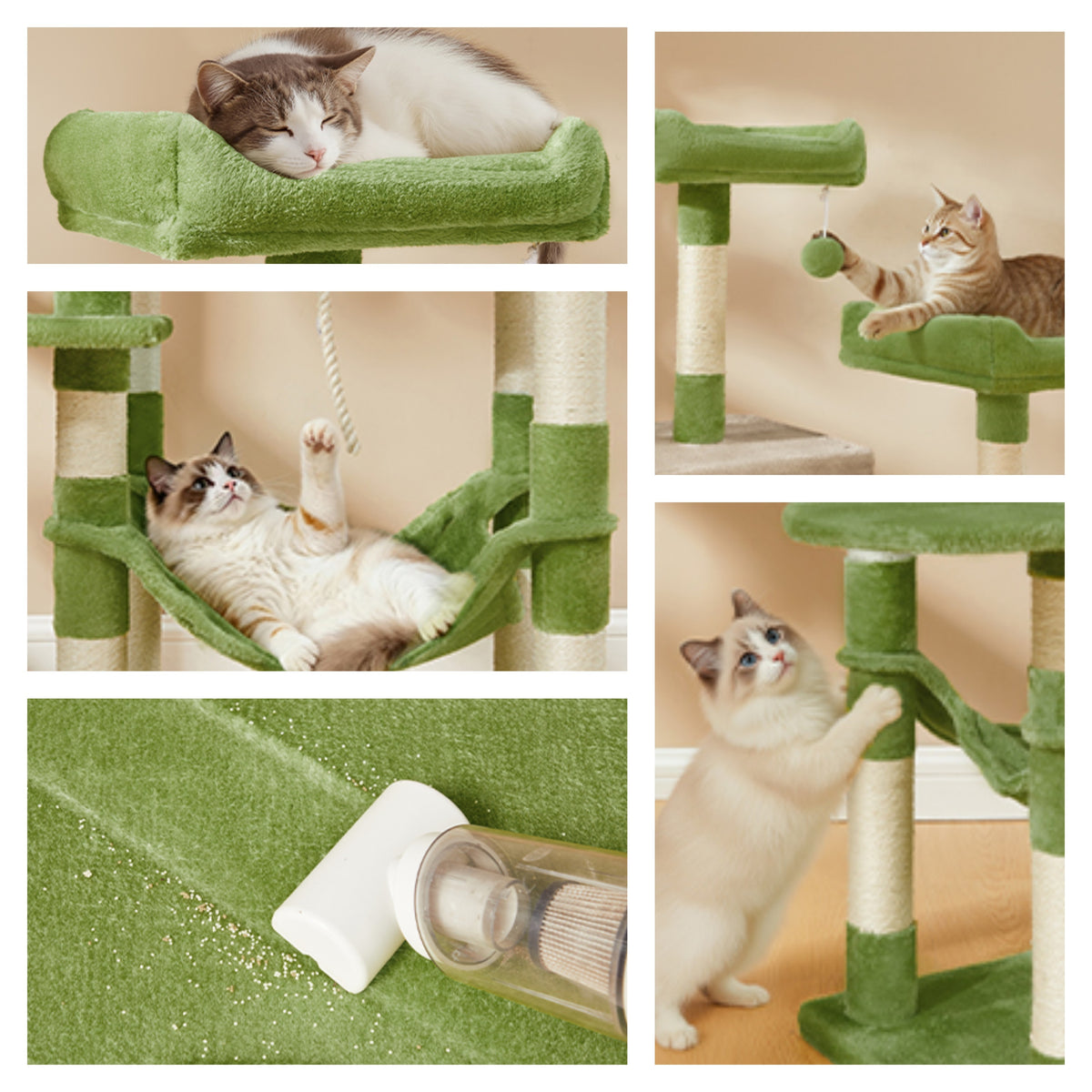 Cat Tree, Multi-Level Cat Condo with 11 Scratching Posts, 2 Perches, Hammock, Green