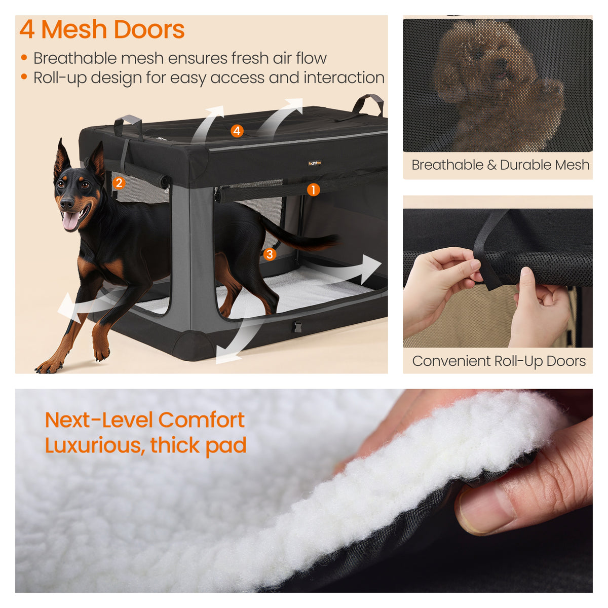Collapsible Dog Crate, Soft-Sided Travel Pet Carrier with 4 Mesh Doors, 48 x 29.3 x 31.1 Inches, Black and Gray