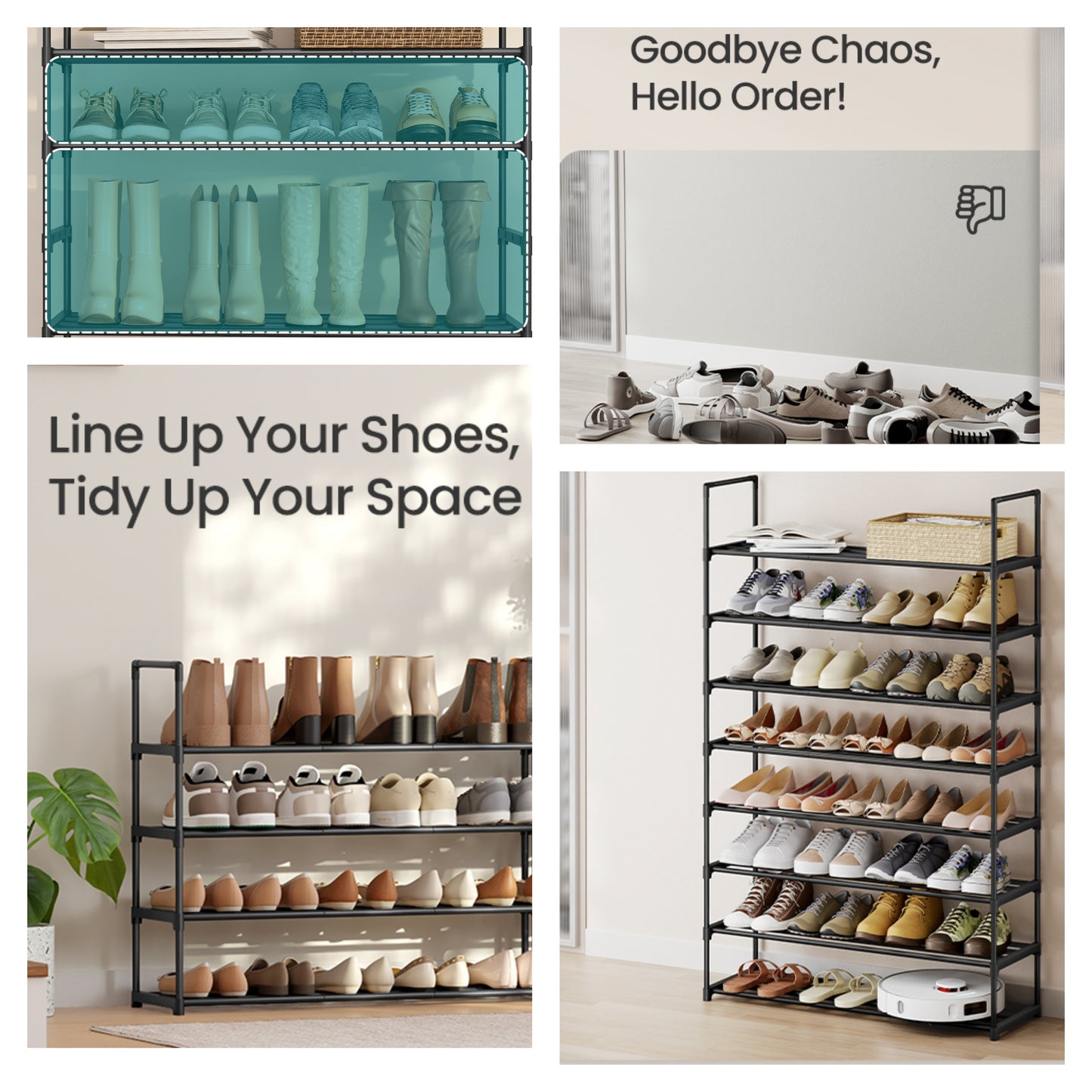 8-Tier PP Plastic, Steel Shoe Storage Shelf, Stackable Shoe Organizer, for Entryway, Black