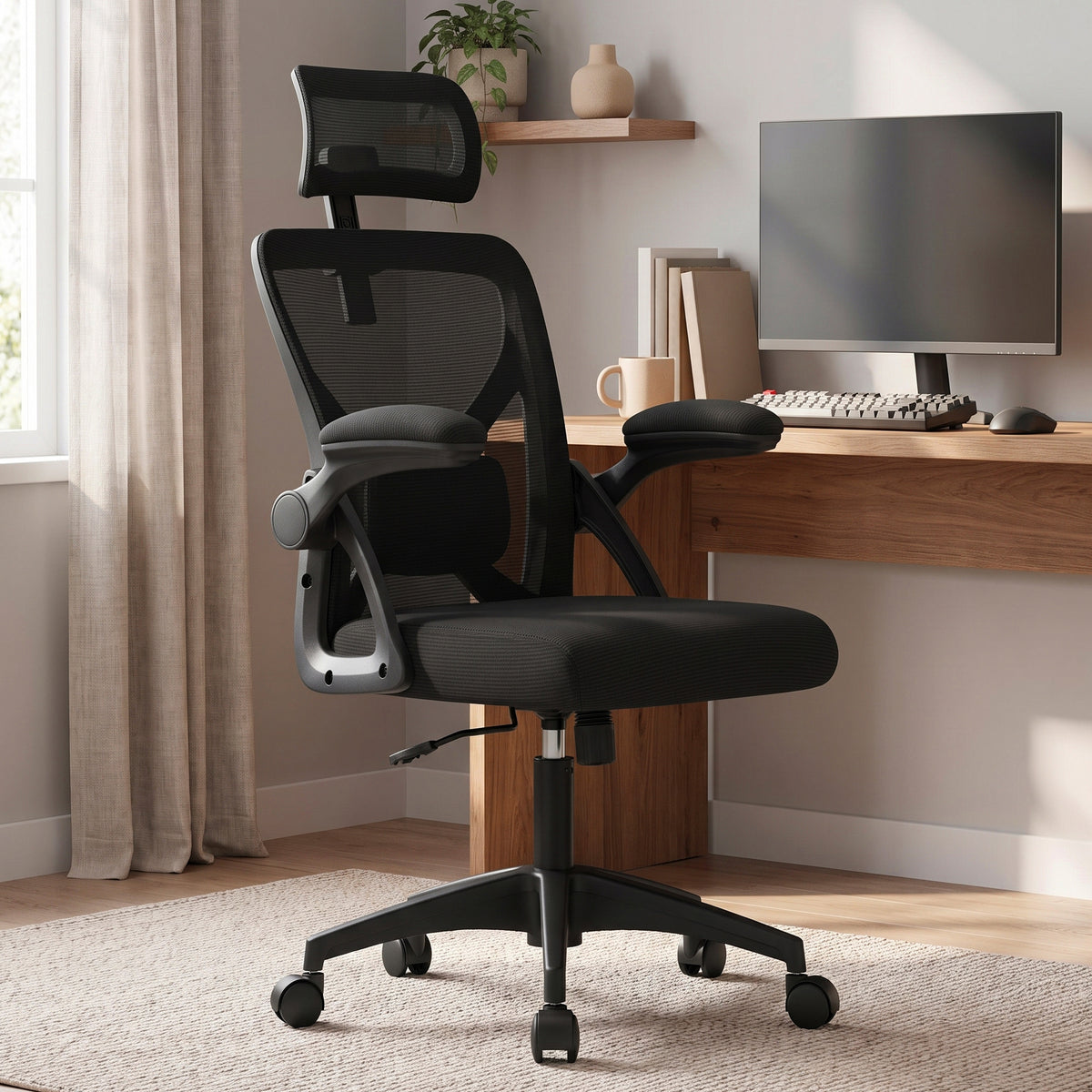 LEDREM Office Chair, Makeup Chair, Steel, Plywood, Sponge, PA Plastic, Polyester Fiber, PE Plastic, for Bedroom, Black
