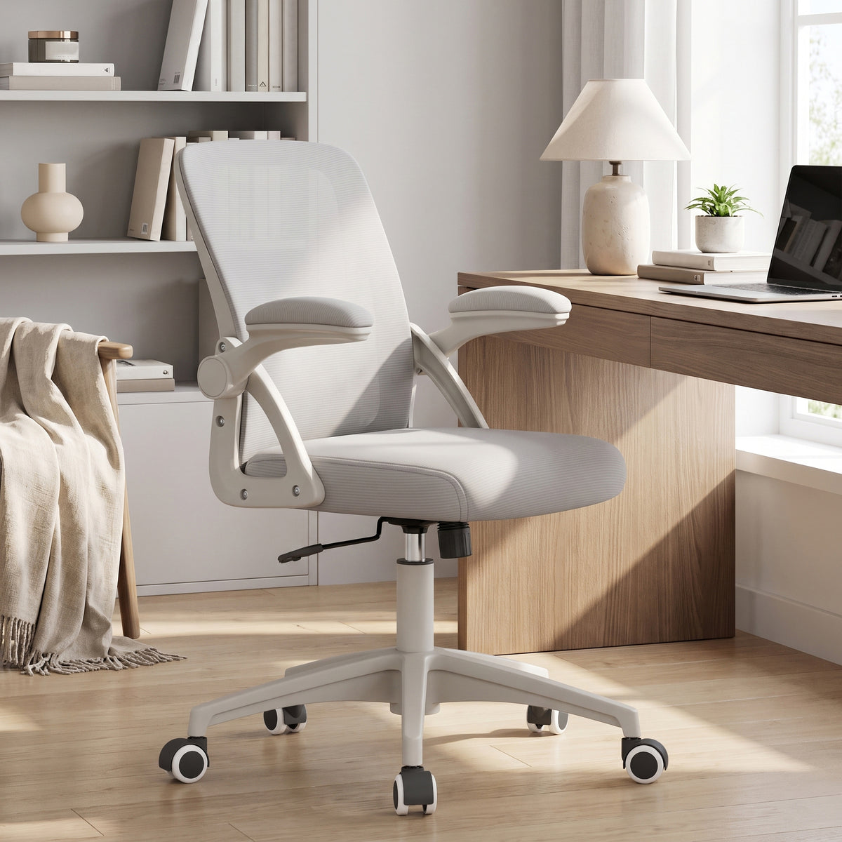 LEDREM Office Chair, Makeup Chair, Sponge,PA Plastic,Polyester Fiber,PE Plastic,Plywood,Steel, for Bedroom, Gray