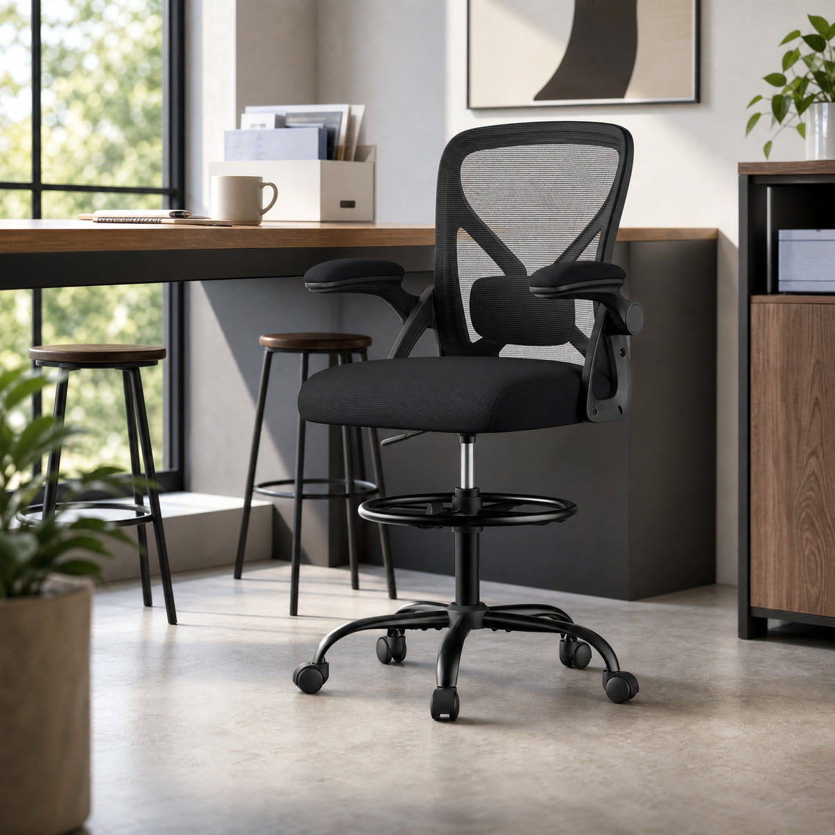Ergonomic Drafting Chair with Lumbar Support and Flip-Up Armrests, 25.2 x 25.2 x 41.3-49.2 Inches, Black