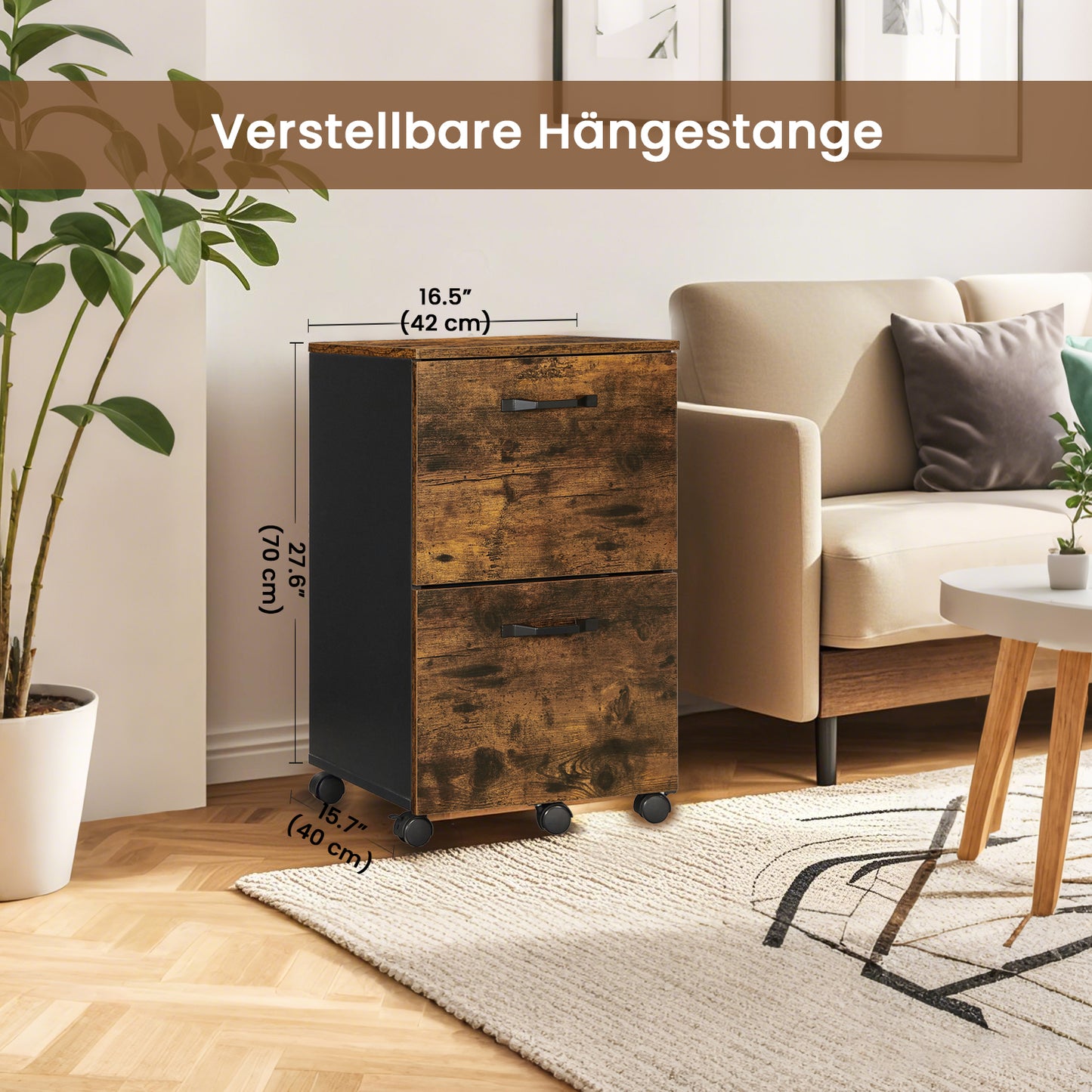 2-Drawer Mobile File Cabinet, Compact Rolling Storage for Office, Printer Stand, Fits A4 Letter, Lockable Casters, Rustic Brown and Black