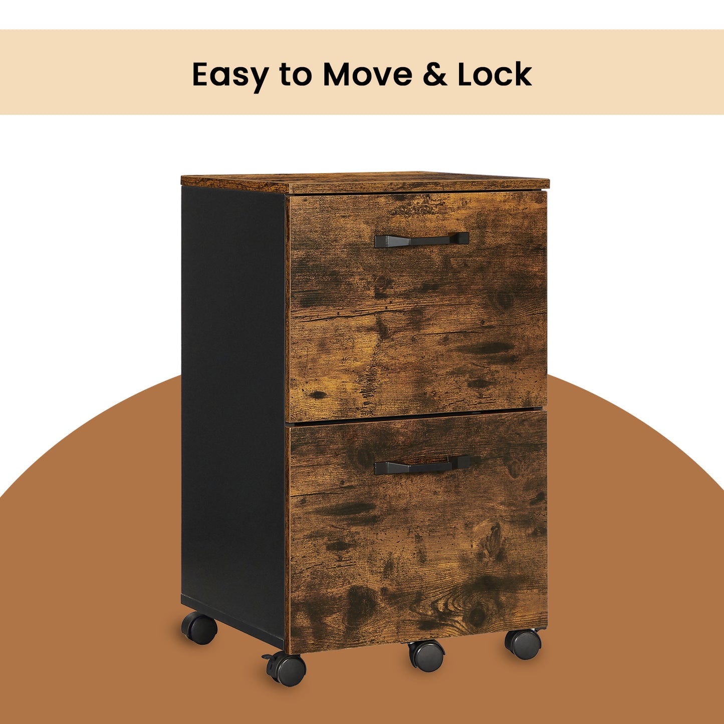 2-Drawer Mobile File Cabinet, Compact Rolling Storage for Office, Printer Stand, Fits A4 Letter, Lockable Casters, Rustic Brown and Black
