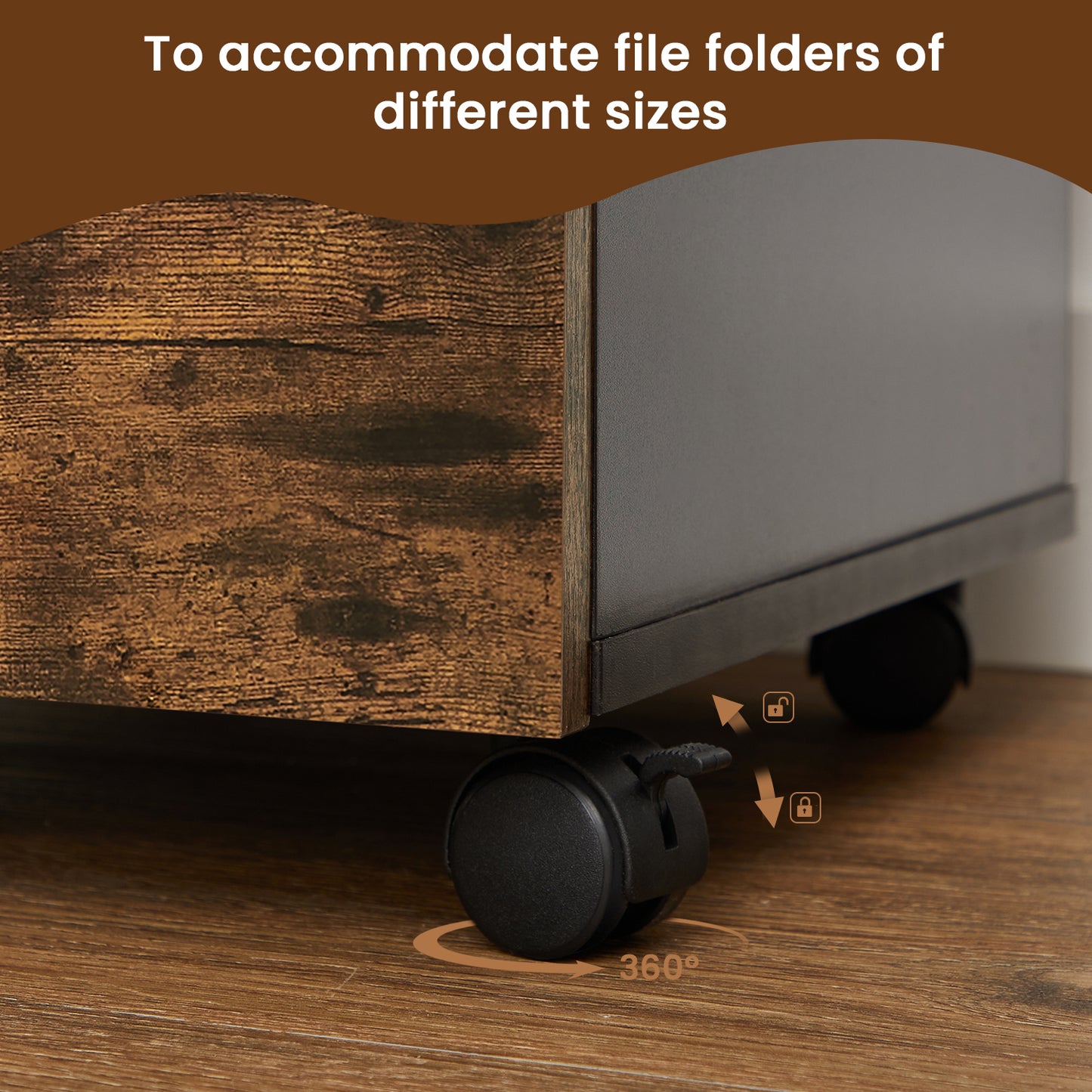 2-Drawer Mobile File Cabinet, Compact Rolling Storage for Office, Printer Stand, Fits A4 Letter, Lockable Casters, Rustic Brown and Black