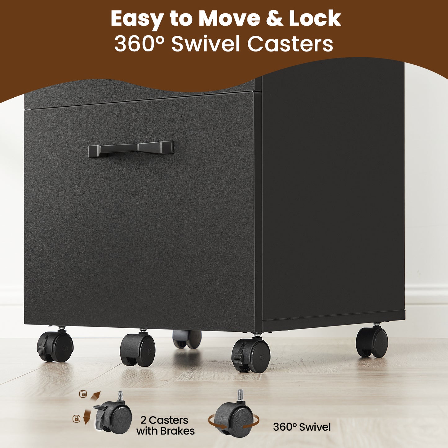 2-Drawer Mobile File Cabinet, Compact Rolling Storage Organizer for Office, Home, A4 Letter Size Compatible, Lockable Casters, Matte Black