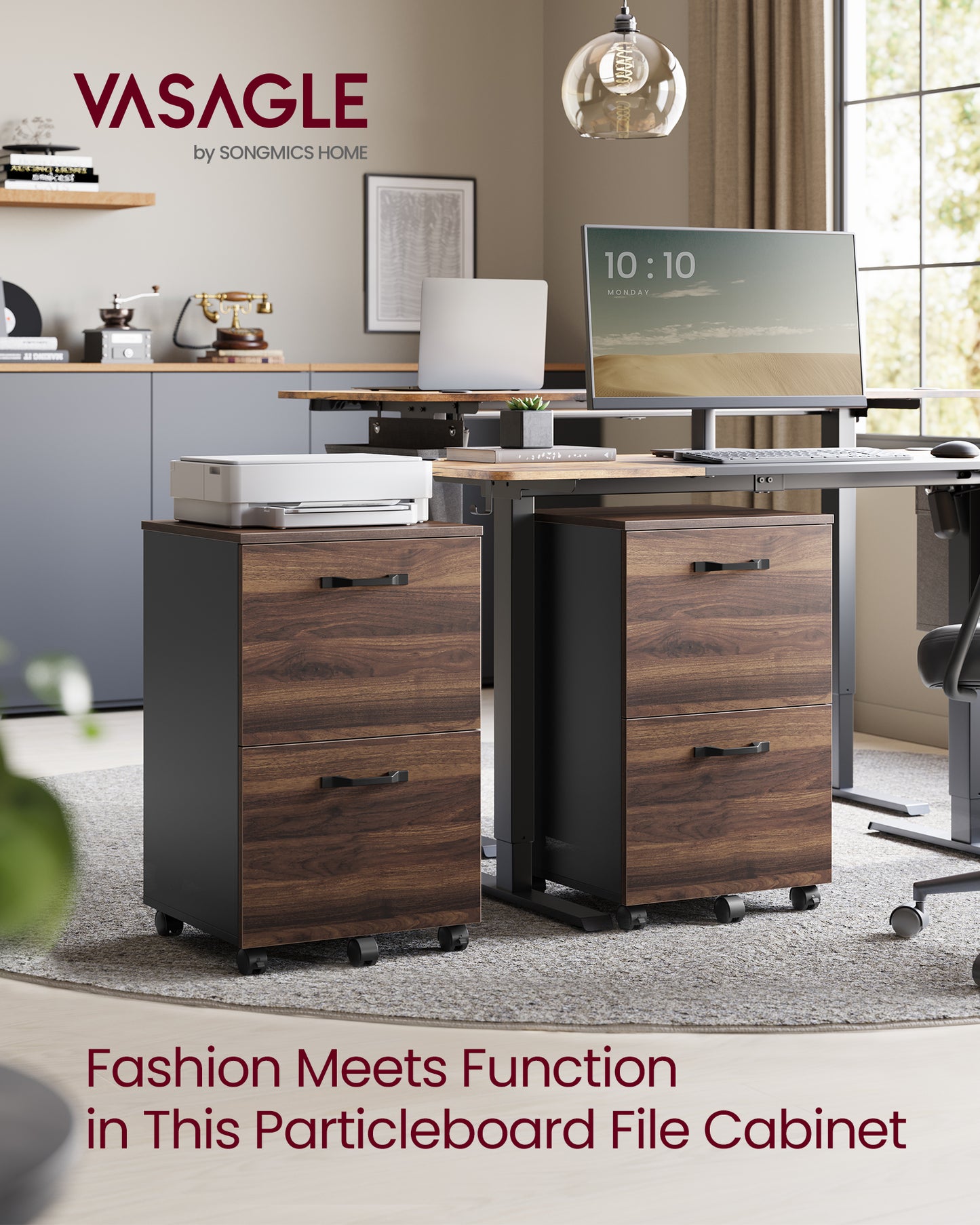 2-Drawer Rolling File Cabinet, Small Office Storage with Lockable Casters, for A4,Letter Documents, Under Desk Printer Stand, Walnut & Black