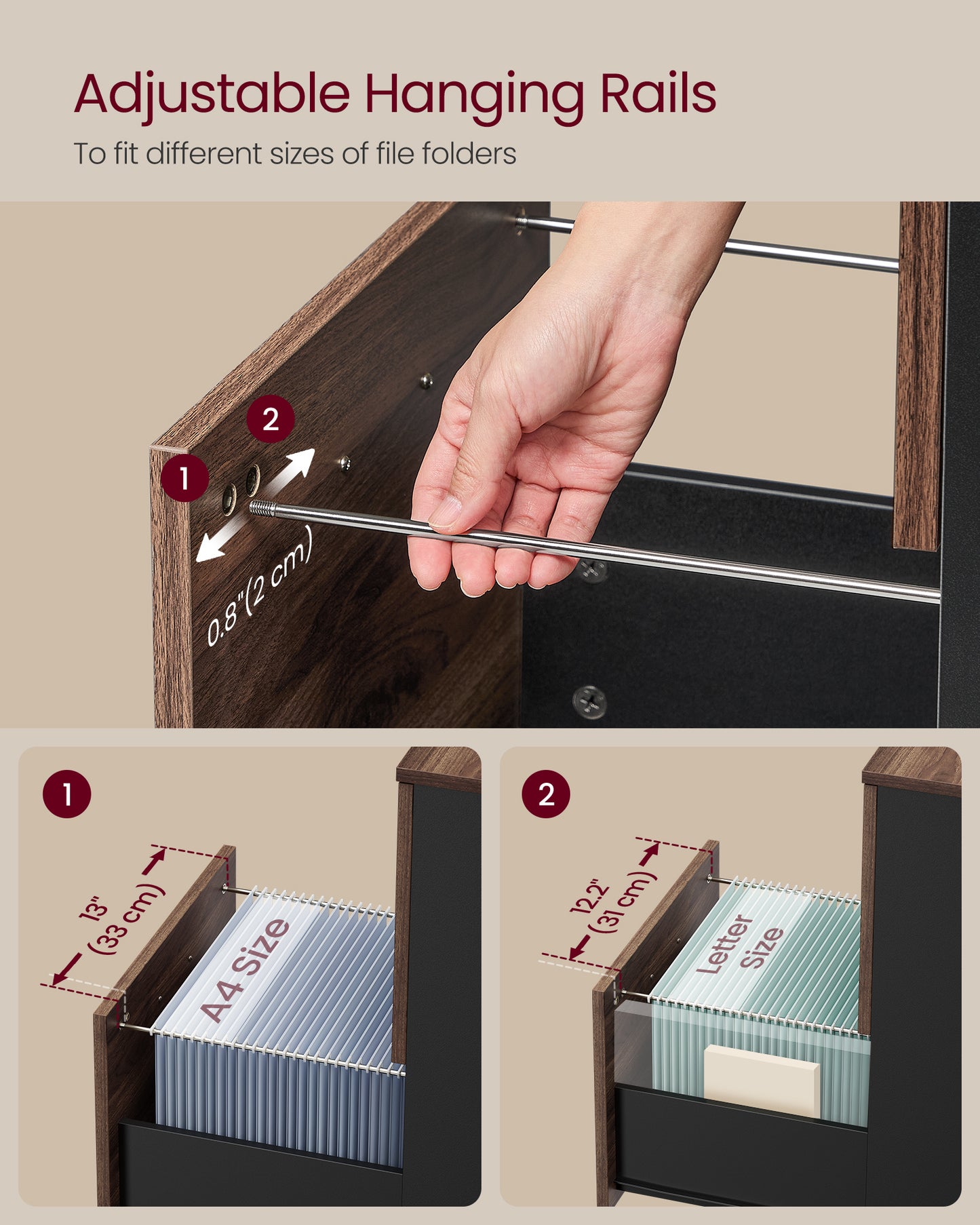 2-Drawer Rolling File Cabinet, Small Office Storage with Lockable Casters, for A4,Letter Documents, Under Desk Printer Stand, Walnut & Black