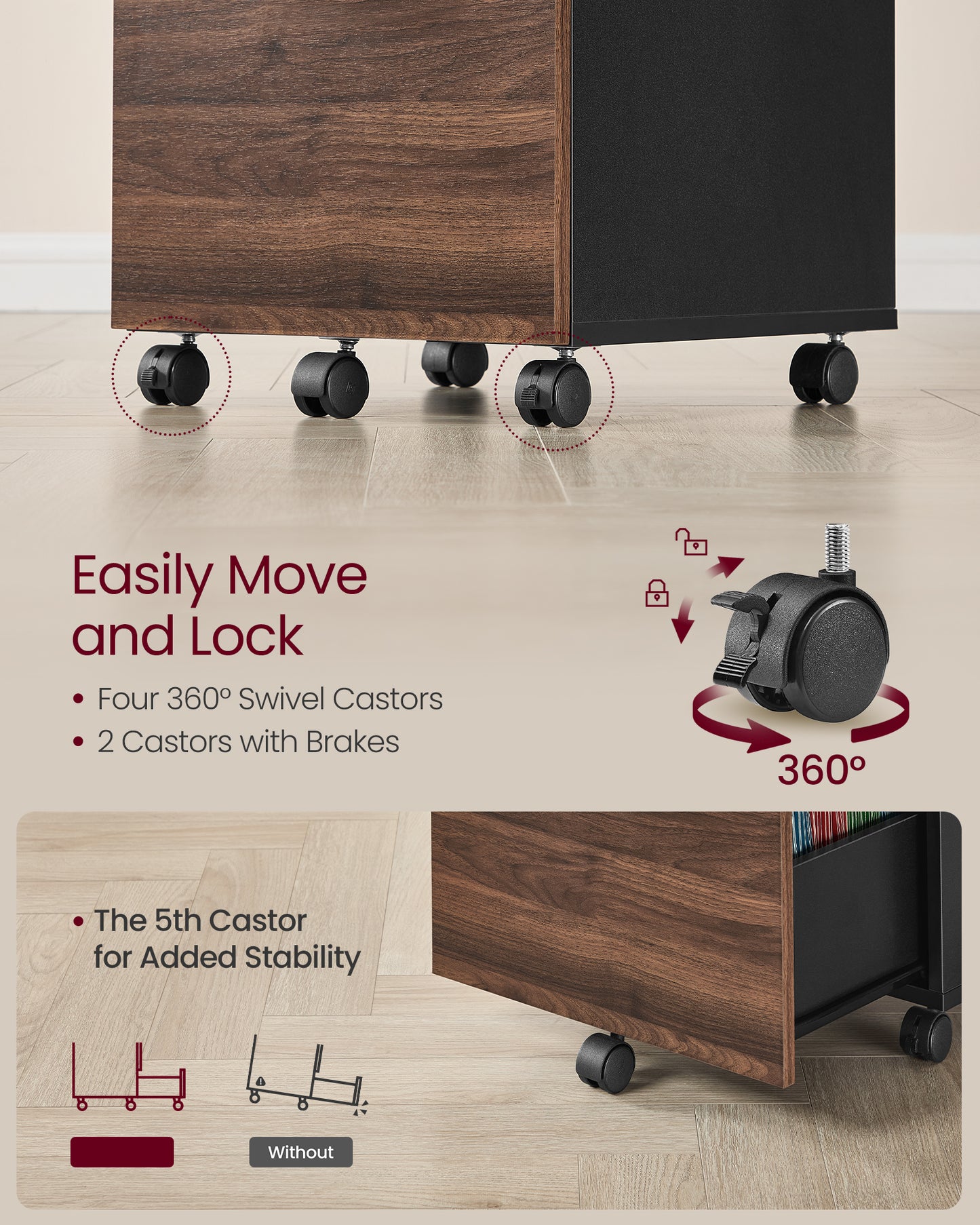 2-Drawer Rolling File Cabinet, Small Office Storage with Lockable Casters, for A4,Letter Documents, Under Desk Printer Stand, Walnut & Black