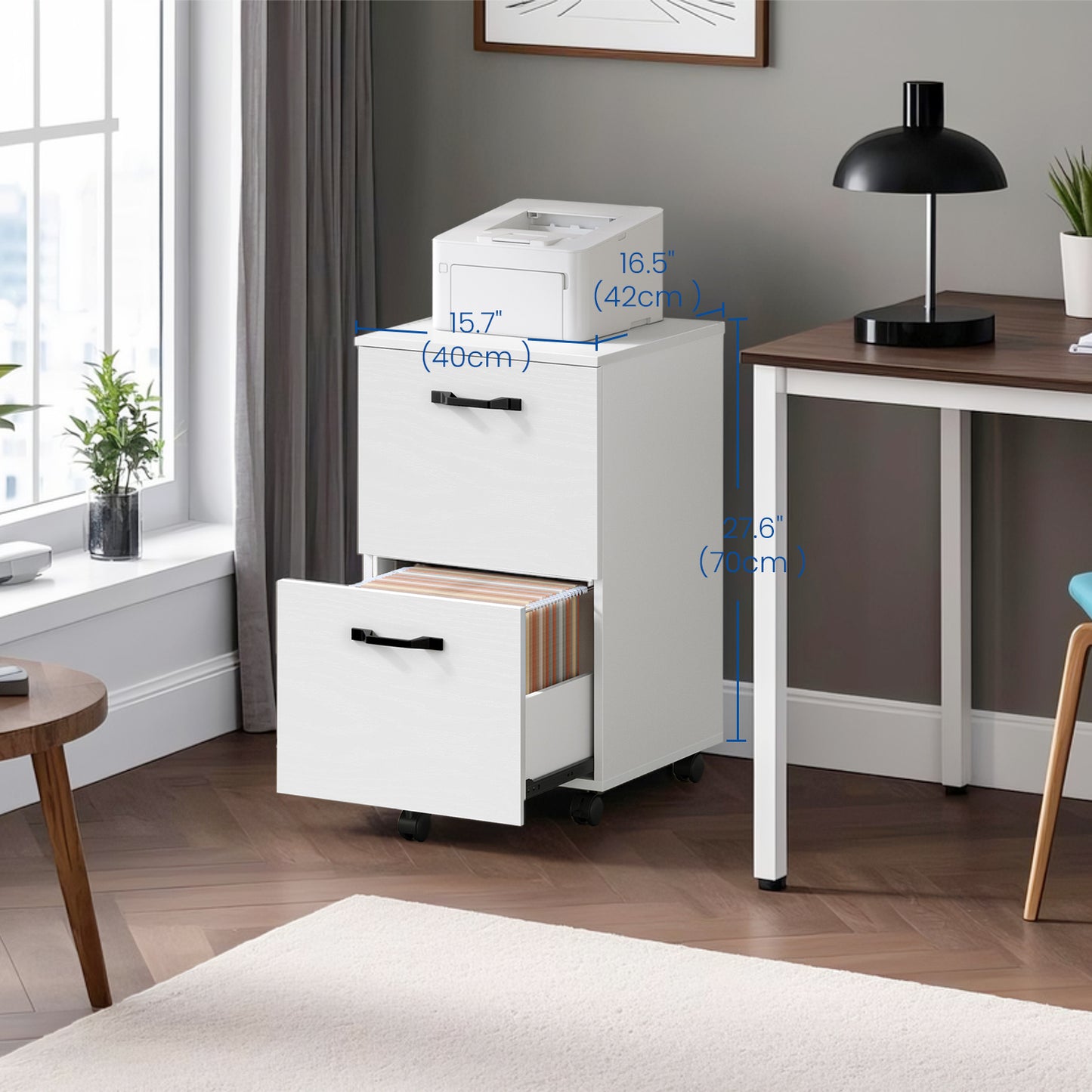 2-Drawer Mobile File Cabinet, Compact Rolling Organizer for Office/Home, A4 Letter Size, Lockable Casters, white