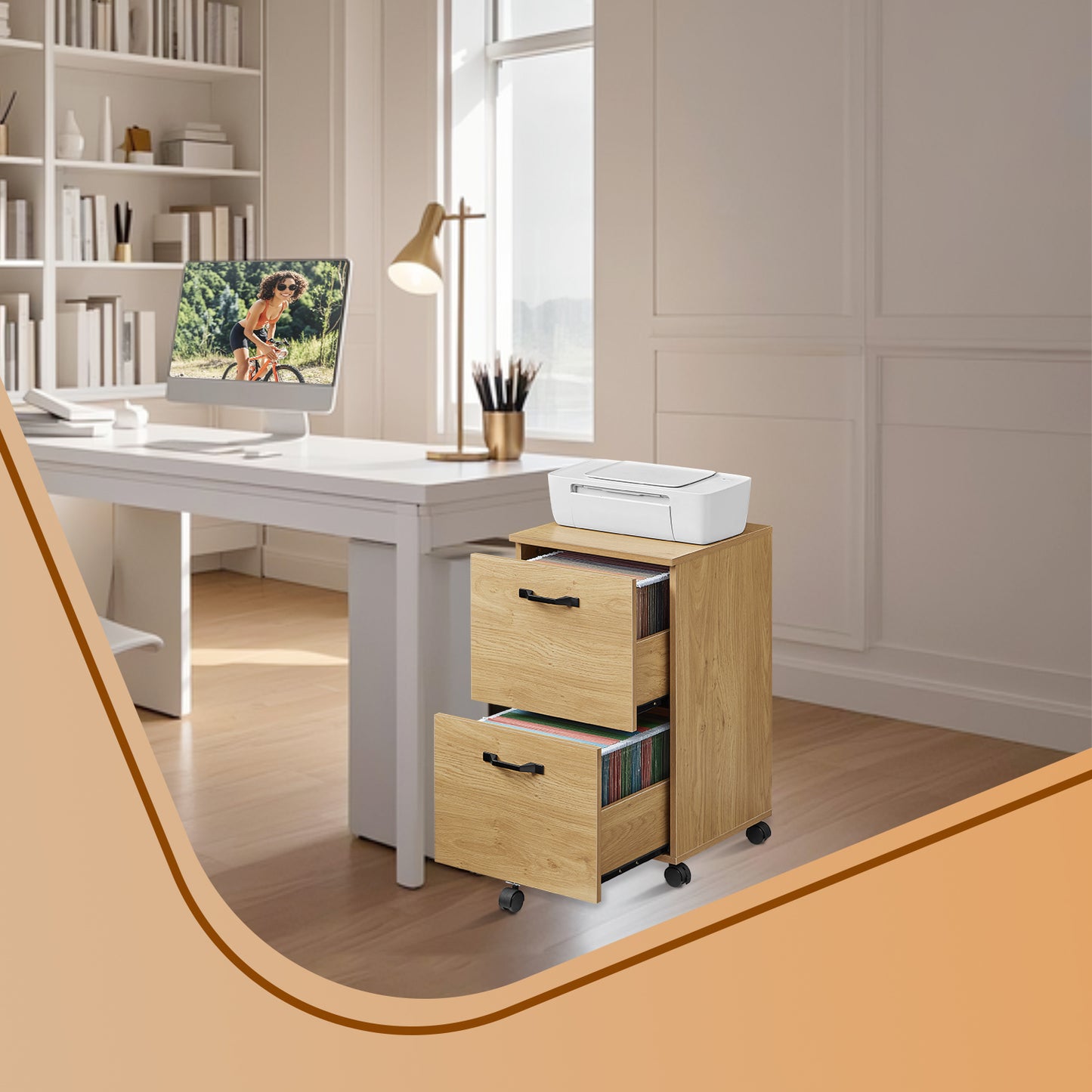 2-Drawer Mobile File Cabinet, Compact Rolling Storage for Office, Home, A4/Letter Size, Lockable Casters, Straw Yellow