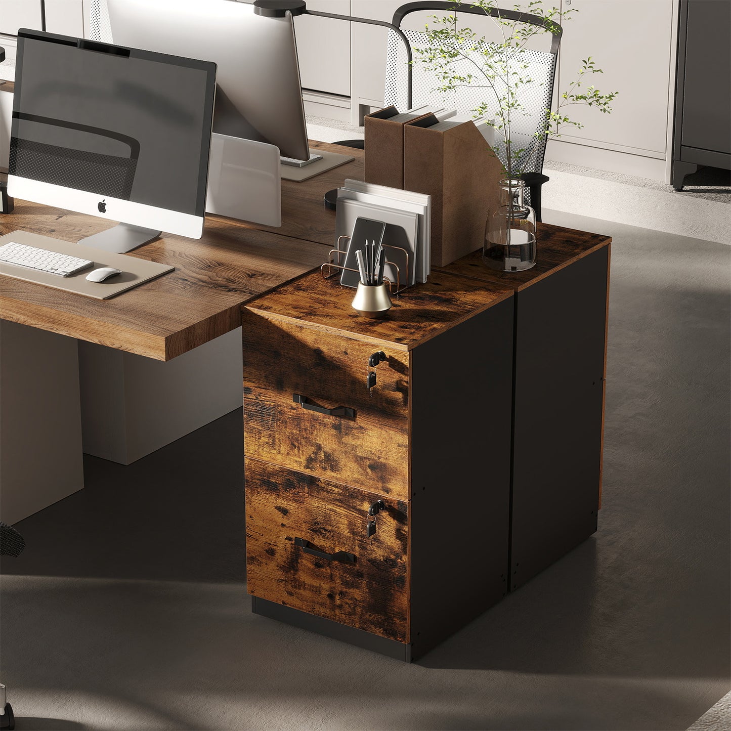 LEDREM 2-Drawer File Cabinet with Lock, Printer Stand & Office Organizer, for A4 & Letter Size Documents, Rustic Brown and Ink Black