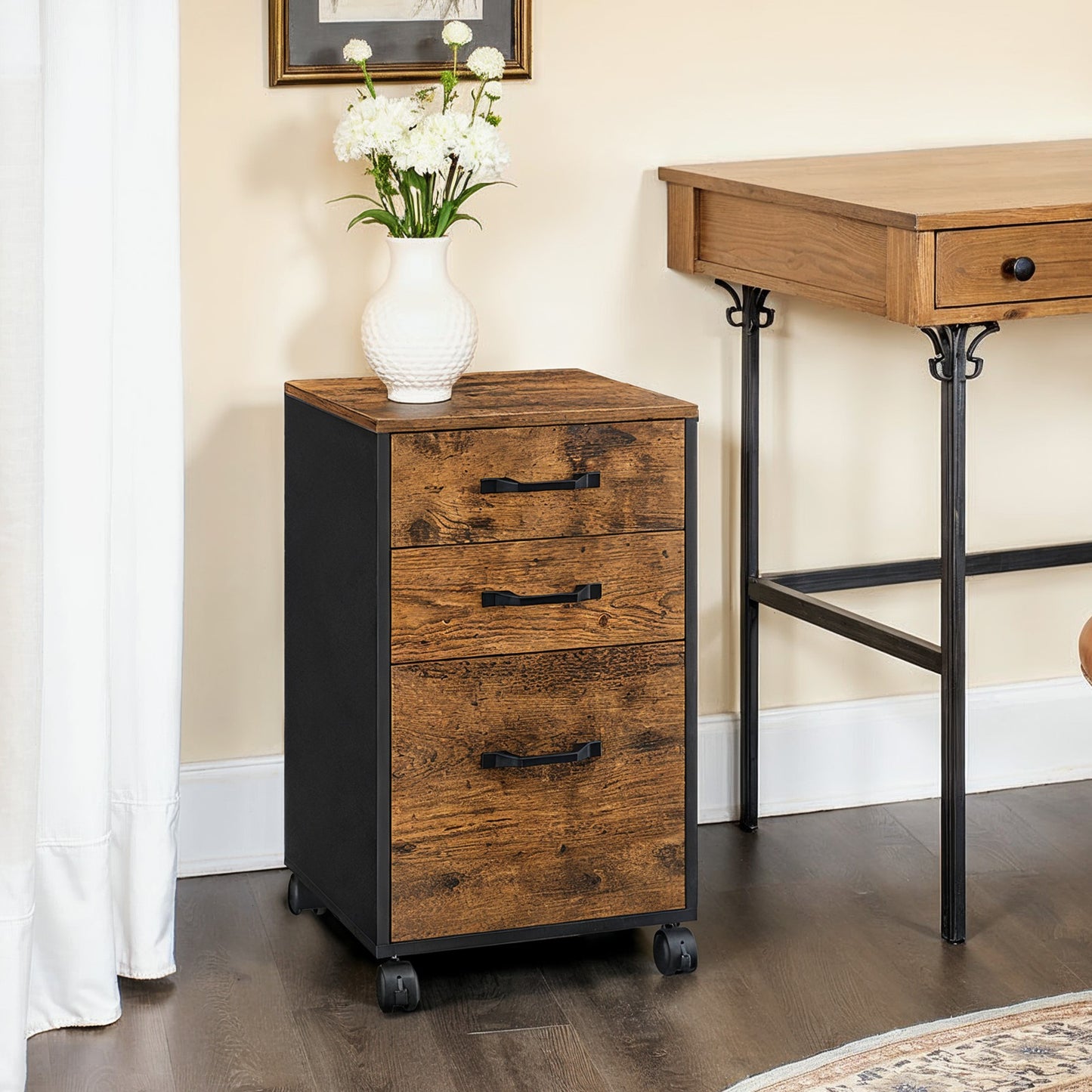 LEDREM 3-Drawer Mobile File Cabinet with Hanging File Folders, Rolling Office Filing Cabinet for A4 & Letter Documents, with Lockable Wheels, Rustic Brown and Ink Black