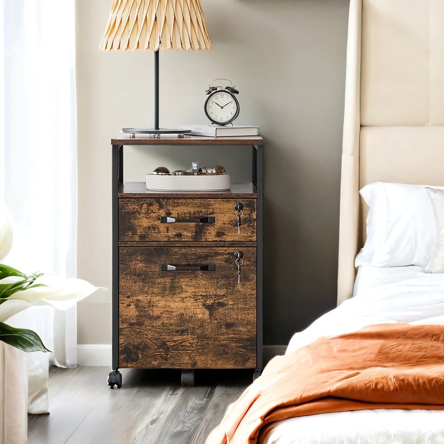 Mobile 2-Drawer File Cabinet with Lock & Wheels, Steel Frame Office Storage for A4/Letter Files, Includes Open Shelf & Locking Casters, Rustic Brown and Black