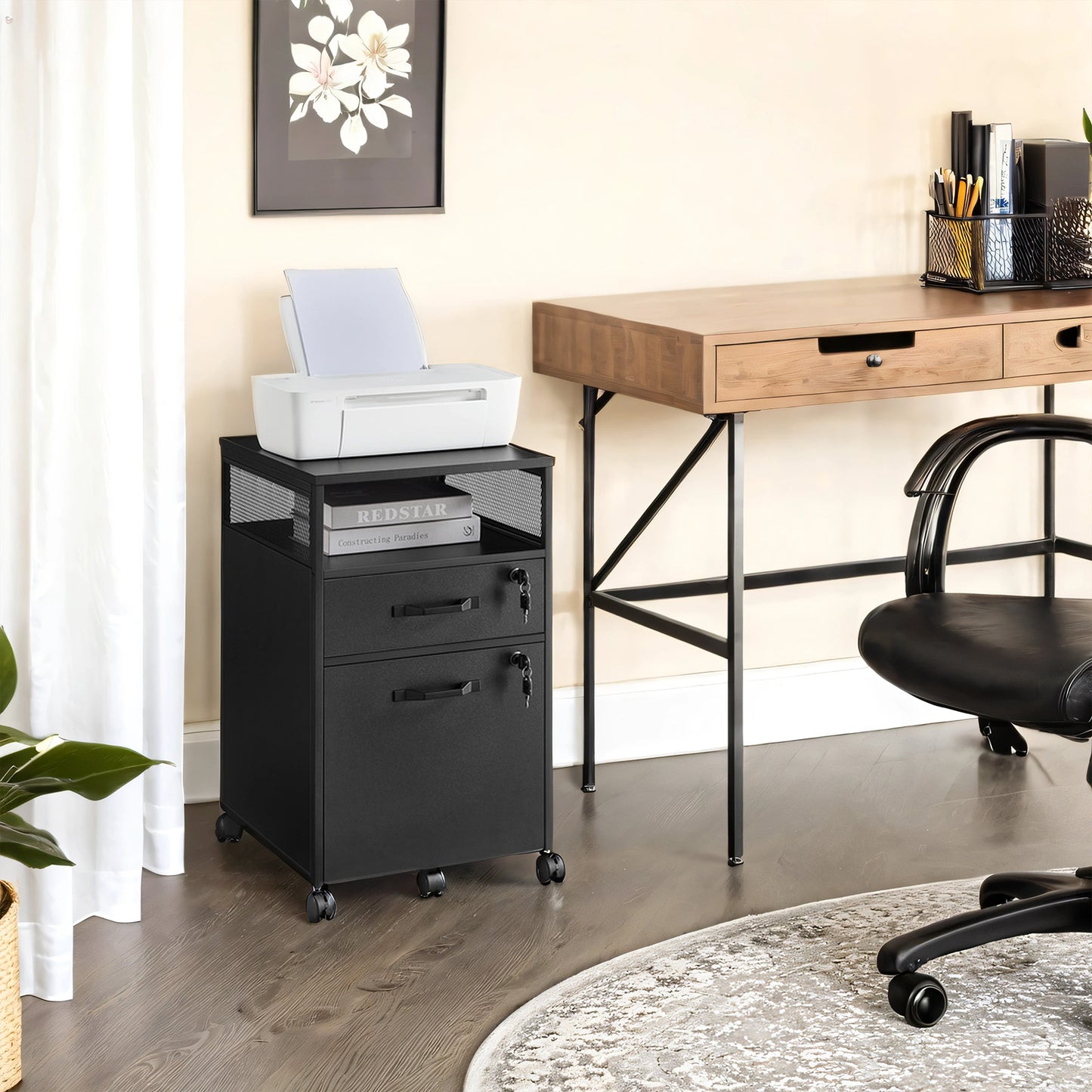 Mobile Office File Cabinet with Wheels, 2-Tier Lockable Drawers & Open Shelf, Steel Frame Storage for A4/Letter Files, Easy Roll & Lock Design, Ink Black