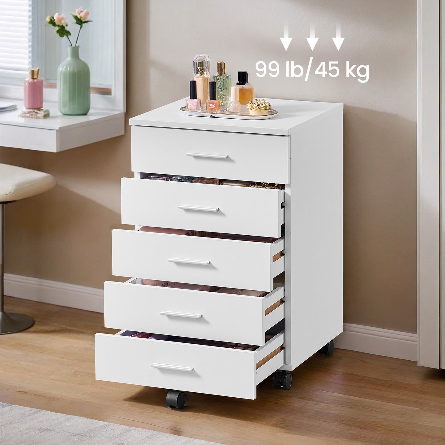 File Cabinet, Mobile Pedestal Filing Cabinet with Wheels & 7 Drawers, Printer Stand with Tool-Free Slides, for Home Office, Cloud White