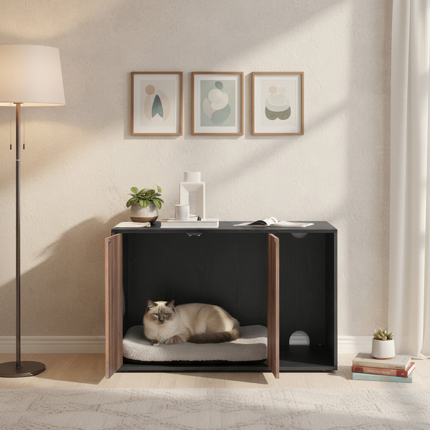 Cat House, Snapsemble Superfast Assembly, Cat Litter Box Enclosure for Large Cats, Push-to-Open Doors, Black and Walnut