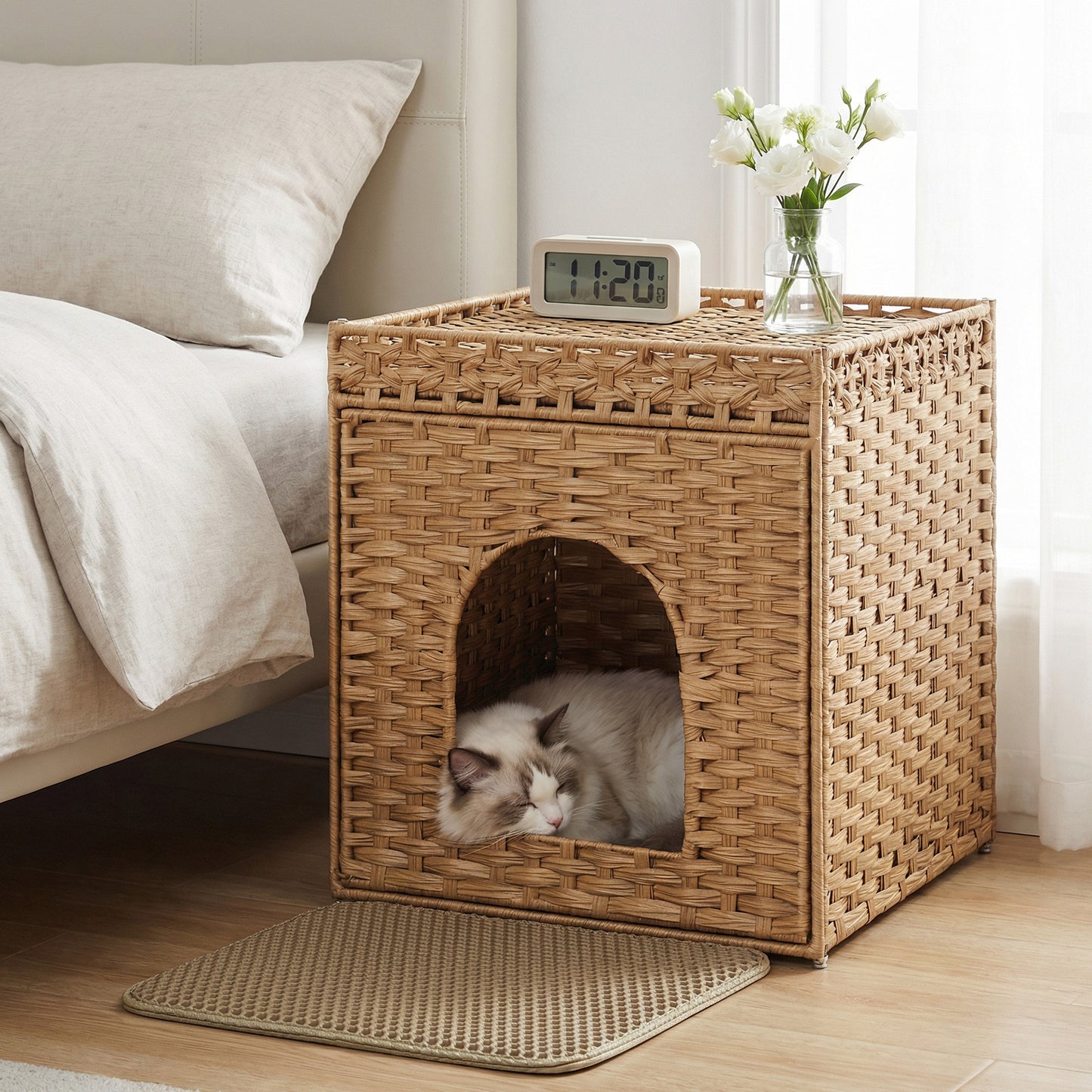 Handwoven Rattan Cat Litter Box Enclosure, Hidden Litter Furniture with Removable Tray, Extra Mat, Boho Cat House End Table, Goose Yellow