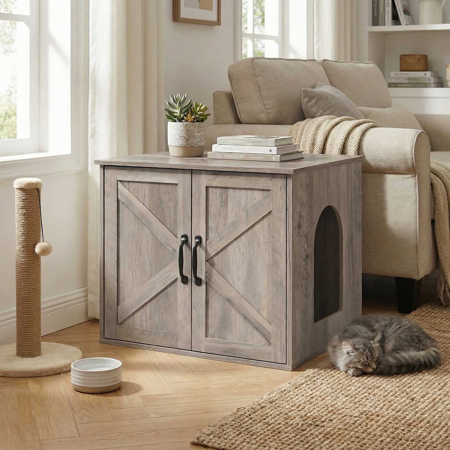 Pet House End Table, Litter Box Cabinet, Hidden Cat Litter Box, 23.6 x 19.7 x 19.7 Inches, Beige