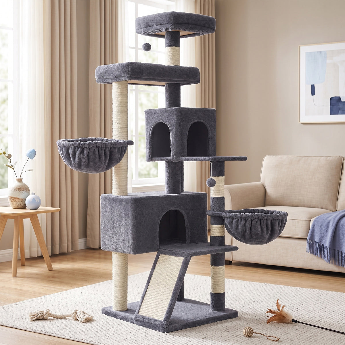 LEDREM Cat Tree, Tall Tower with Scratching Posts and Condos, Cat Furniture for Indoor Cats, 21.7 x 21.7 x 68.1 Inches, Dark Gray