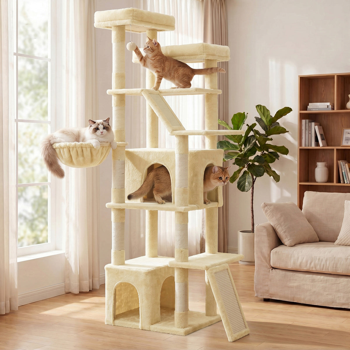 Cat Tree Multi-Level Tower with Sisal Scratching Posts for Large Cats 21.6 x 17.7 x 72.6 Inches Beige