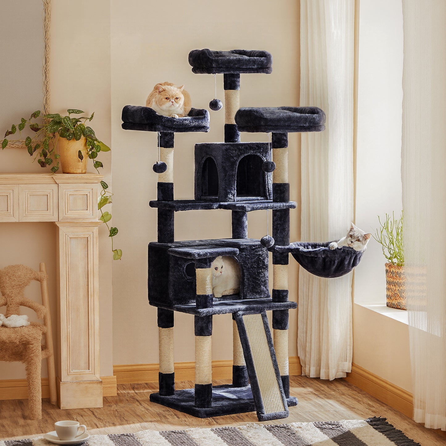 Large Cat Tree Tower with Scratching Posts & Board, 66.5-Inch Cat Condo with 2 Caves and 3 Plush Perches, Multi-Level Activity Center, Smoky Gray