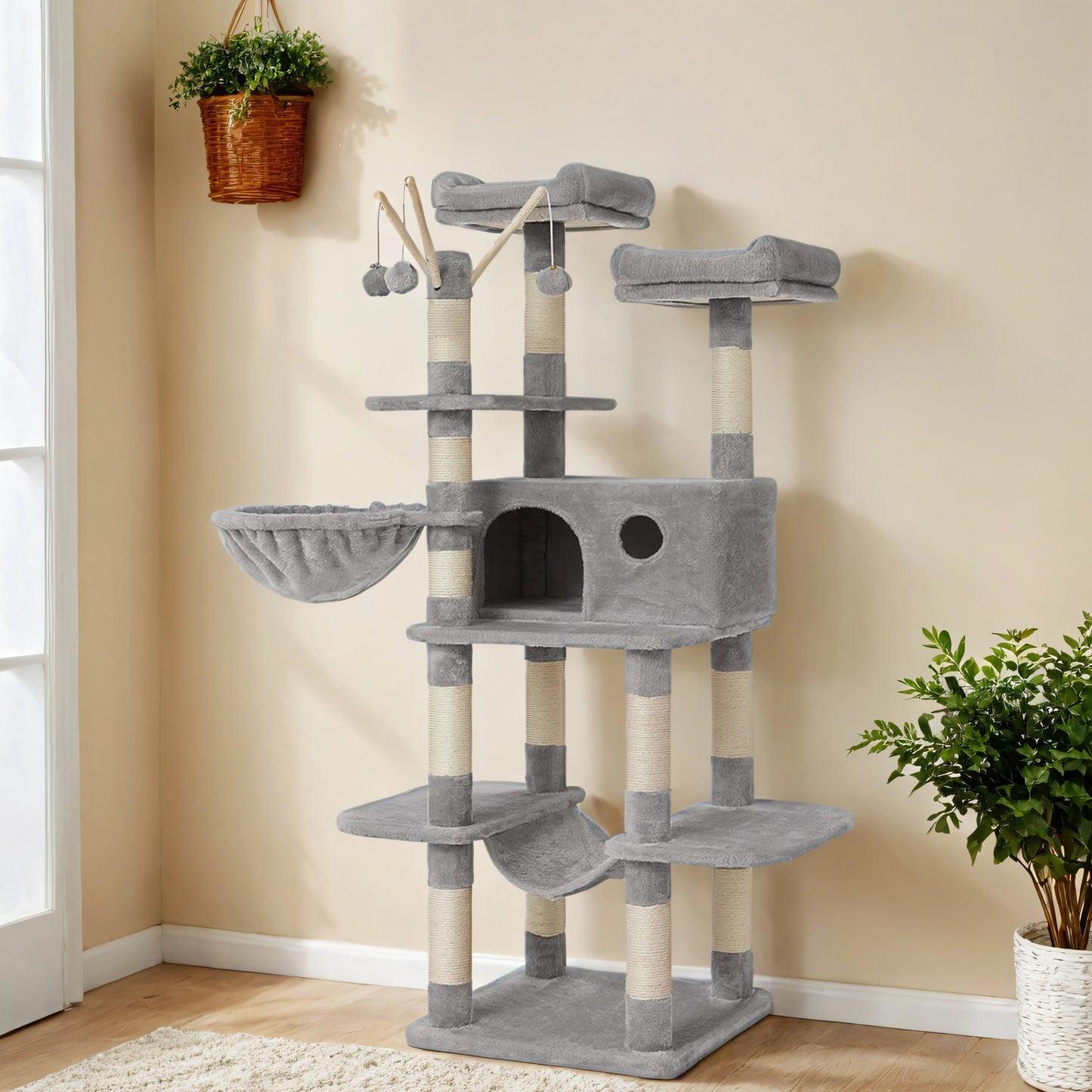 Premium Cat Tree Tower - 64.6" Multi-Level Cat Condo with Plush Hammock, Spacious Cave & 4 Pompom Toys, Light Gray