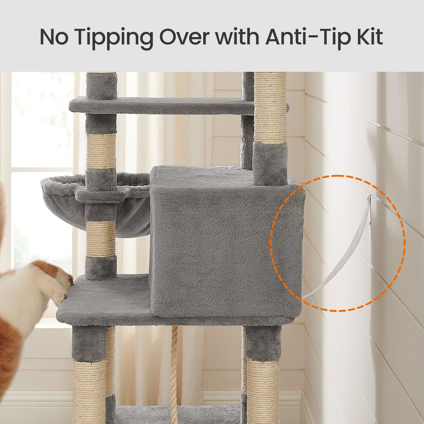Premium Cat Tree Tower - 64.6" Multi-Level Cat Condo with Plush Hammock, Spacious Cave & 4 Pompom Toys, Light Gray