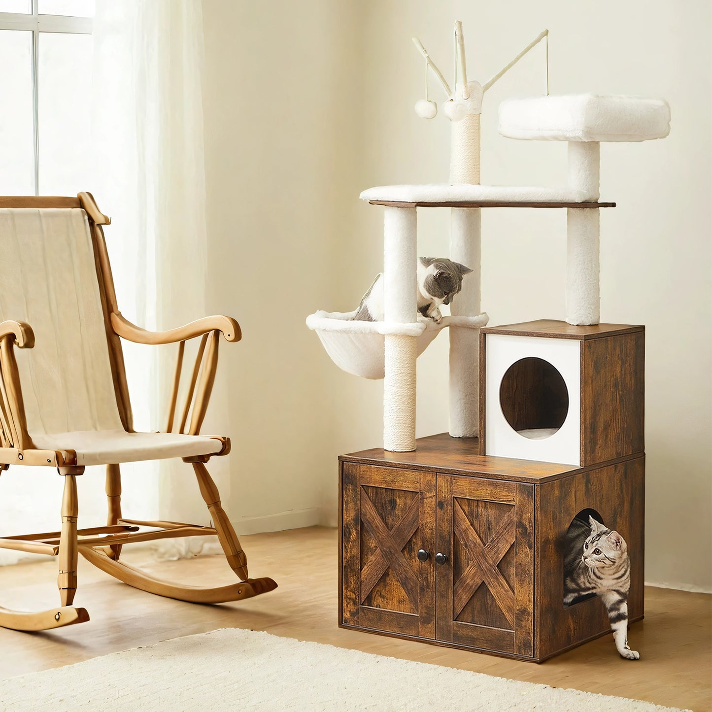2-in-1 Cat Tree with Litter Box Enclosure - 55.1" Modern Cat Tower, Scratching Posts, Space-Saving Design, Rustic Brown