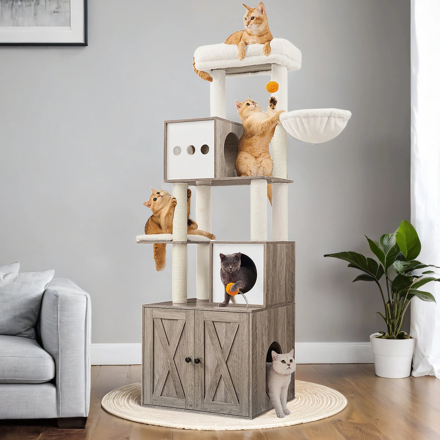 Modern Cat Tree with Litter Box - 70.8" 2-in-1 Cat Tower, Scratching Posts & Washable Cushions, Space-Saving Design, Heather Greige