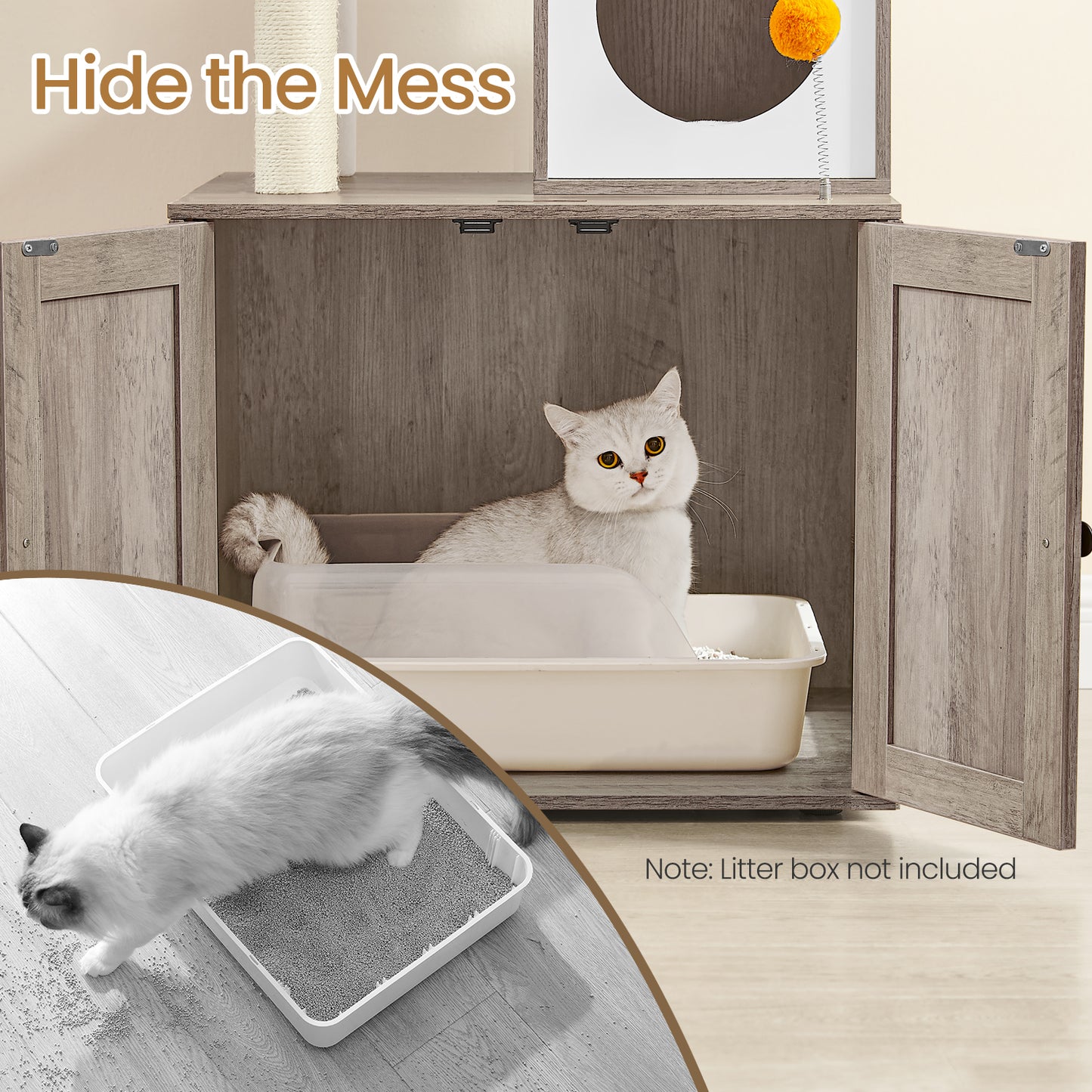 Modern Cat Tree with Litter Box - 70.8" 2-in-1 Cat Tower, Scratching Posts & Washable Cushions, Space-Saving Design, Heather Greige