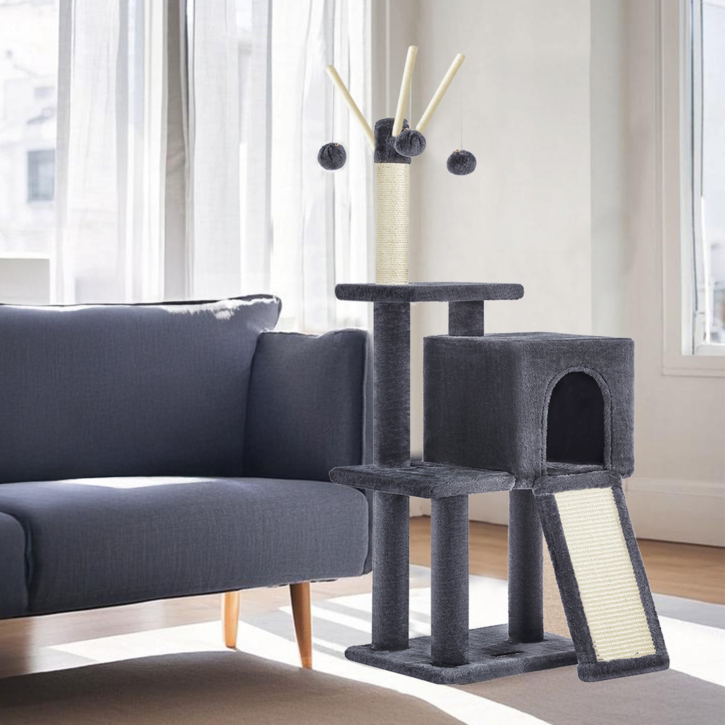 Cat Tree 46.5-Inch Indoor Cat Tower, Multi-Level Plush Condo with Scratching Ramp, Removable Pompoms, Cat Cave, Smoky Gray