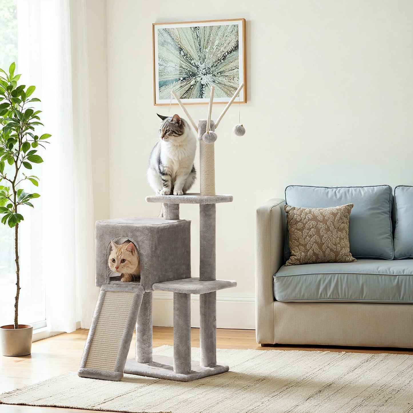 Cat Tree, 46.5-Inch Indoor Cat Tower with Multi-Level Condo, Scratching Ramp, Removable Pompom Sticks, Plush Cat Cave, Light Gray