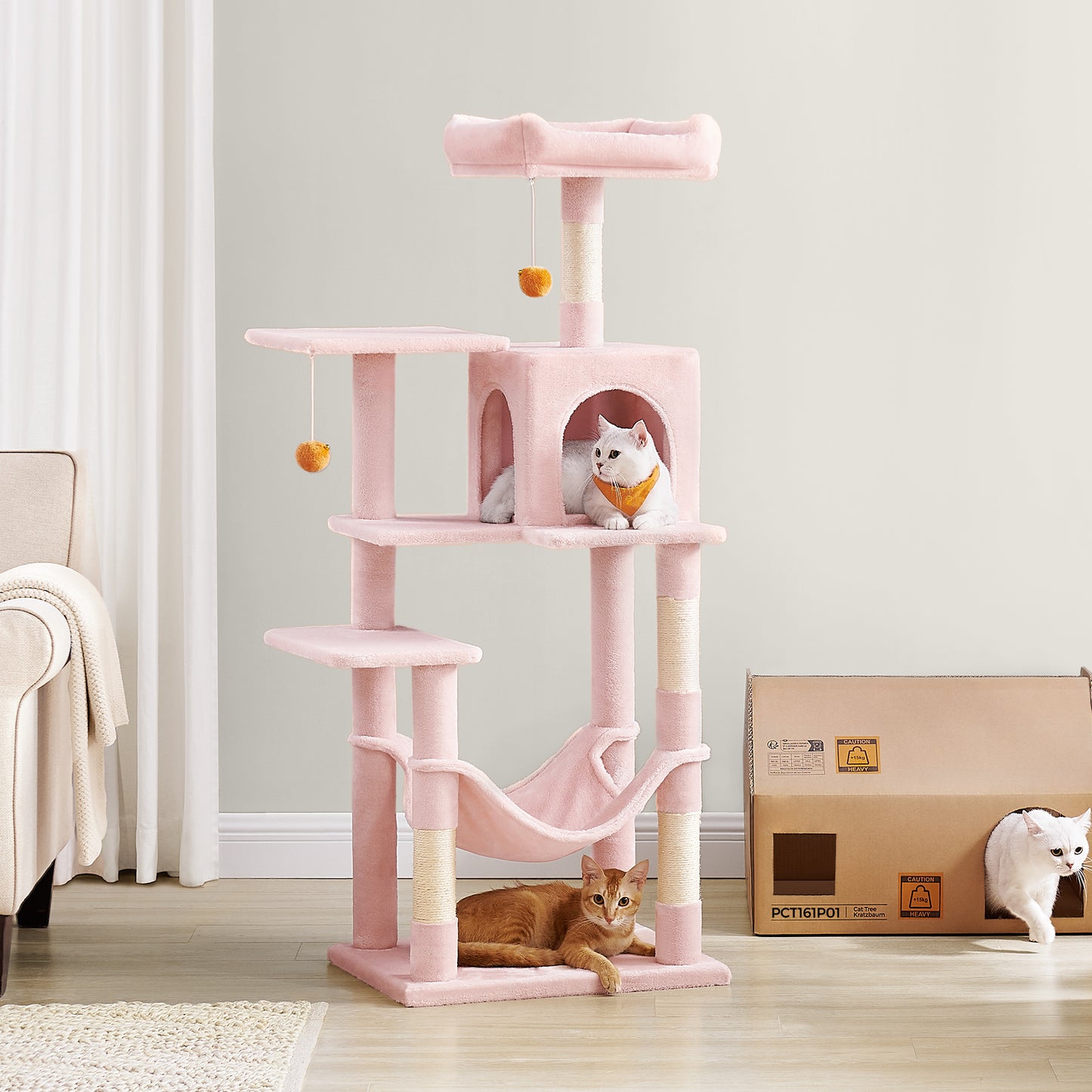 56.3" Cat Tree for Multiple Cats - Multi-Level Condo with 4 Scratching Posts, 2 Perches & Hammock, Easy Assembly, Jelly Pink