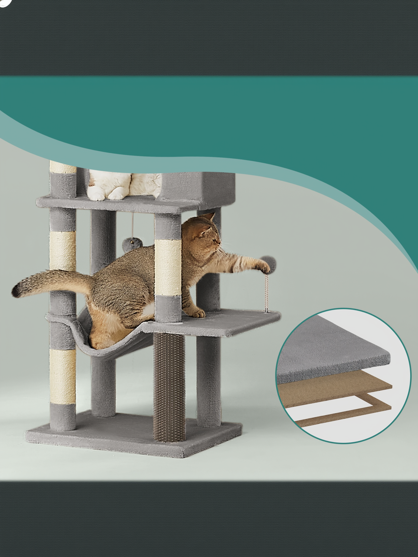 69-Inch Tall Cat Tree with 2 Caves and Hammock, Multi-Level Sisal Post Cat Tower with Plush Fabric and Anti-Tip Kit for Multi-Cat Households