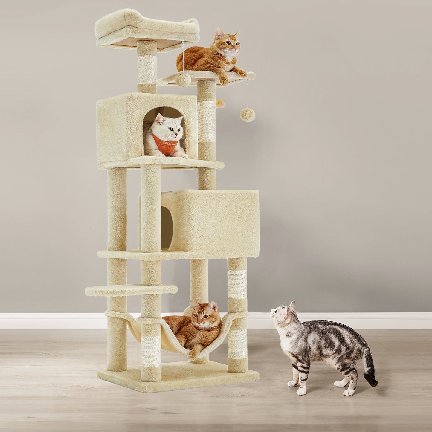 61-Inch Multi-Level Cat Tree, Plush Cat Tower with 2 Caves & Hammock, 5 Scratching Posts & Anti-Tip Kit, Beige