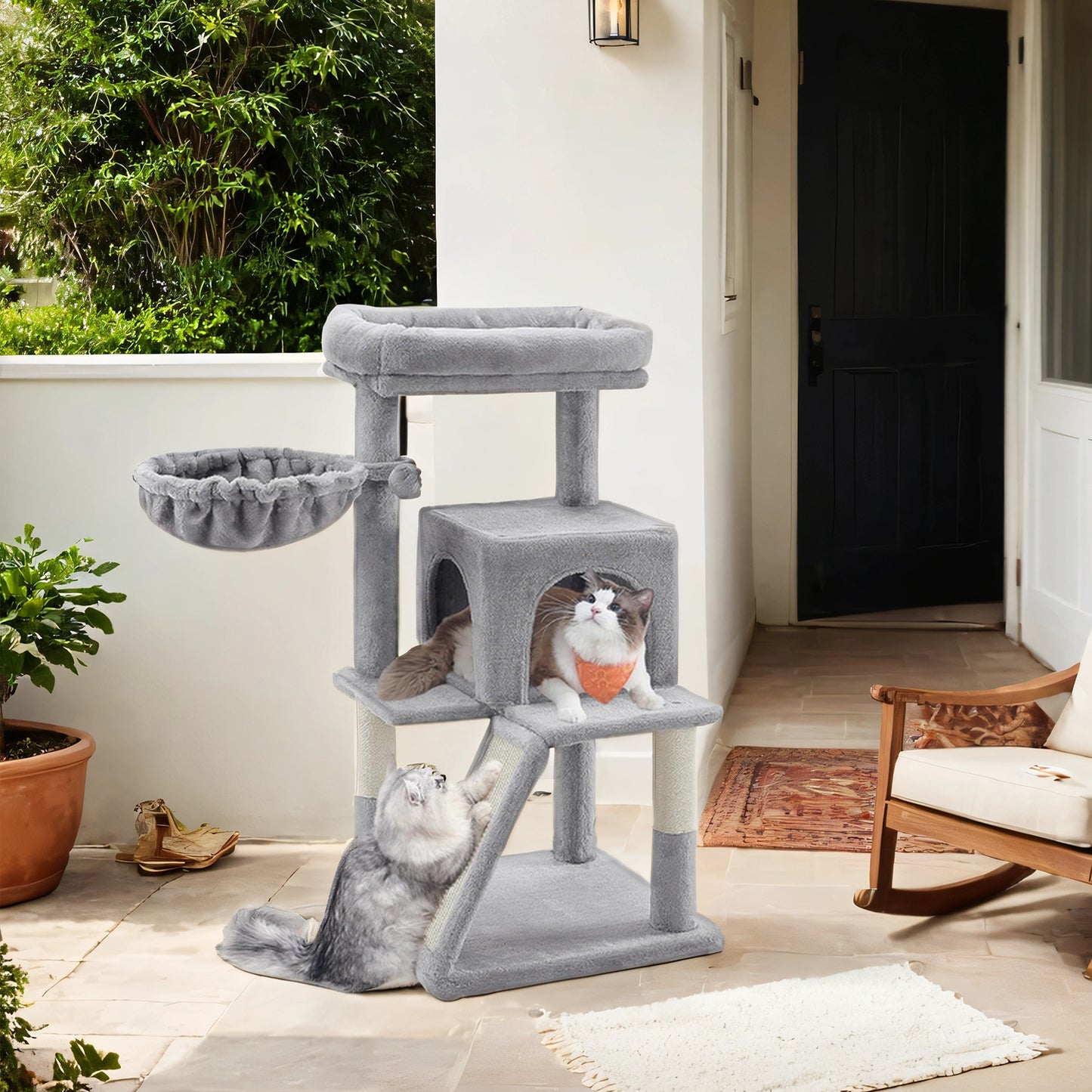 37.8-Inch Multi-Level Cat Tree with Widened Perch & 2-Door Cave - Small Cat Tower with Scratching Ramp for Large Cats, Light Gray