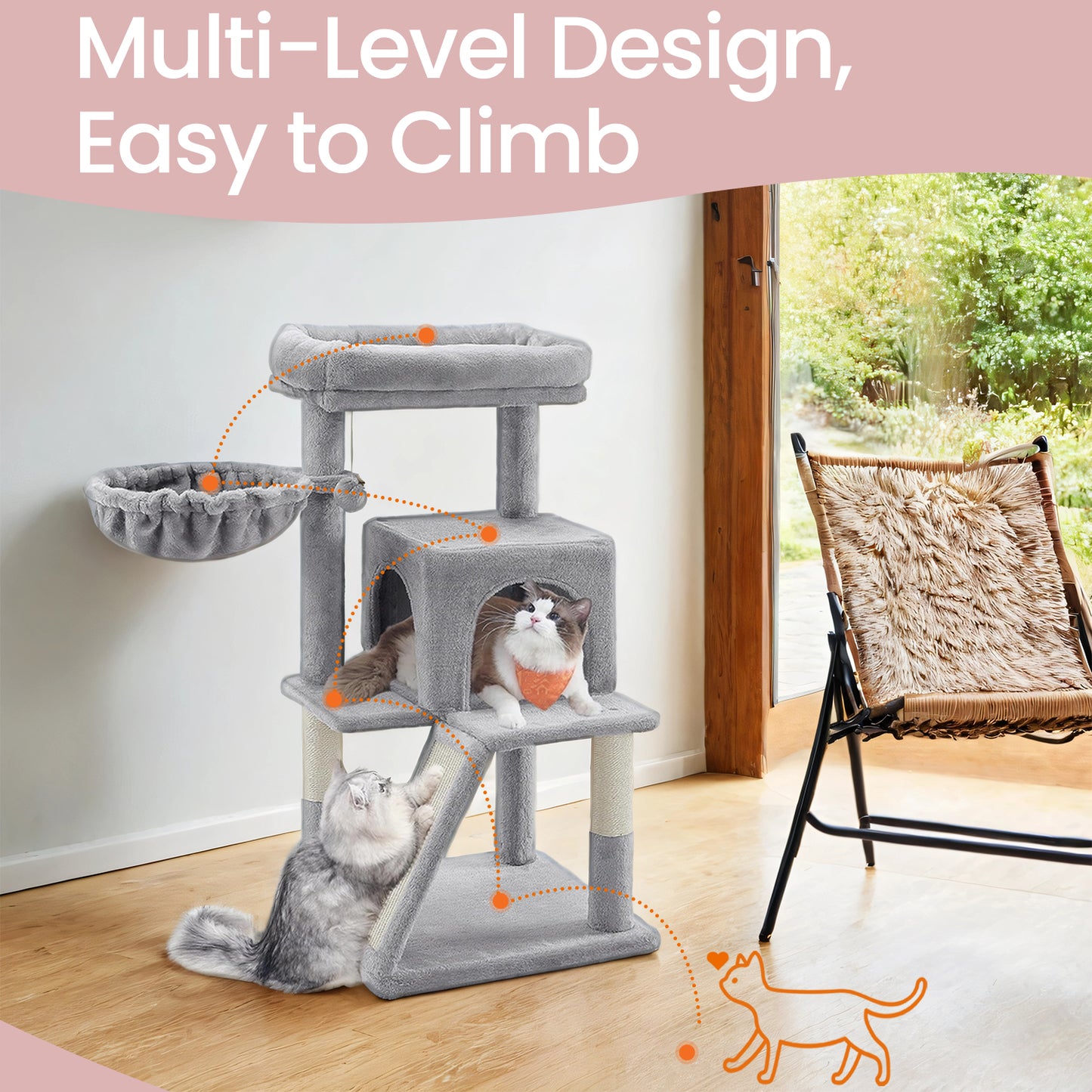 37.8-Inch Multi-Level Cat Tree with Widened Perch & 2-Door Cave - Small Cat Tower with Scratching Ramp for Large Cats, Light Gray