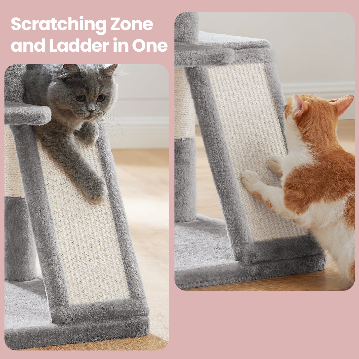 37.8-Inch Multi-Level Cat Tree with Widened Perch & 2-Door Cave - Small Cat Tower with Scratching Ramp for Large Cats, Light Gray