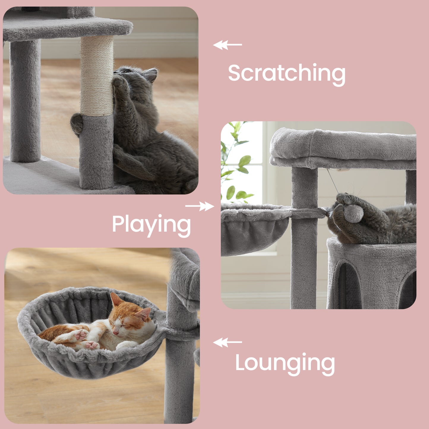 37.8-Inch Multi-Level Cat Tree with Widened Perch & 2-Door Cave - Small Cat Tower with Scratching Ramp for Large Cats, Light Gray