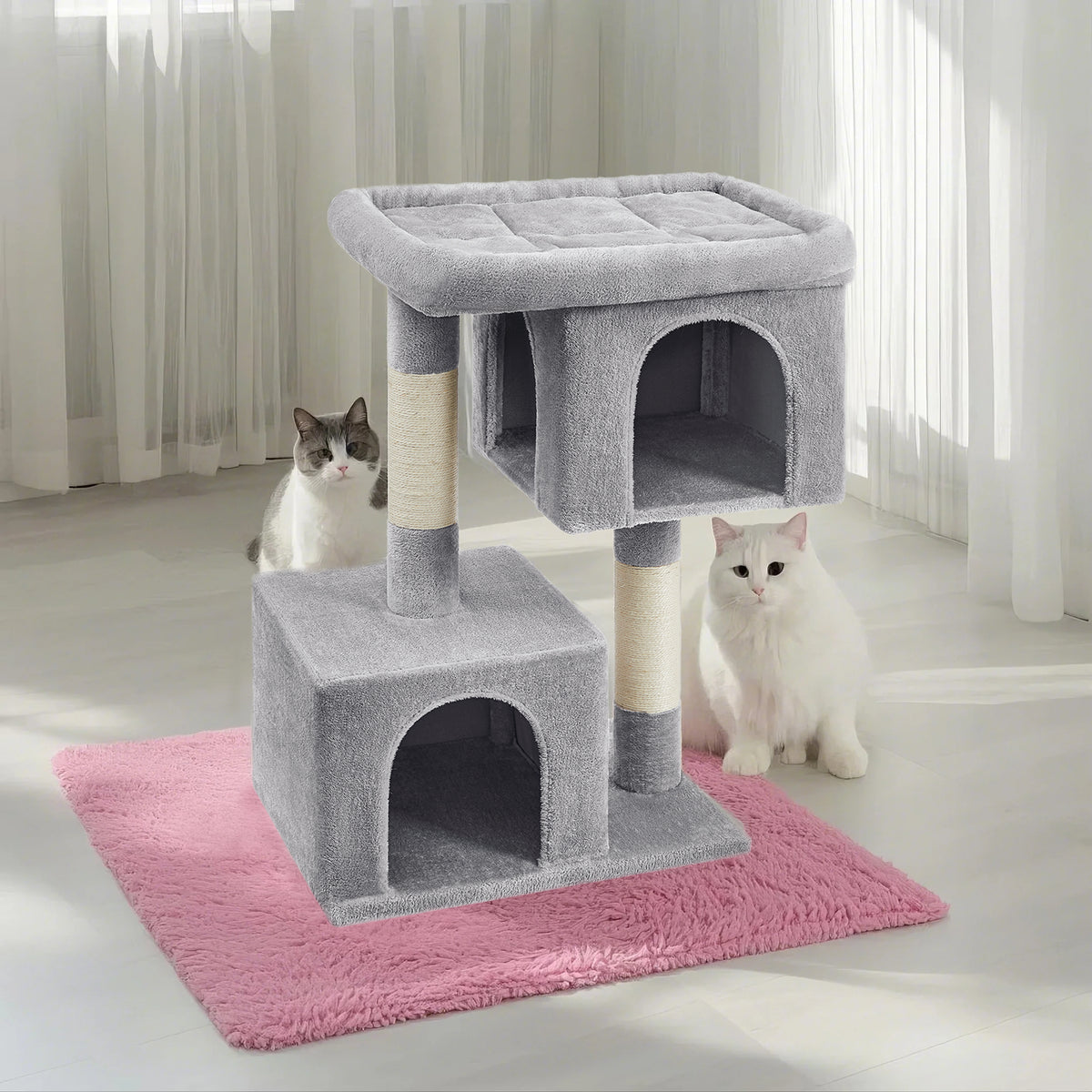 LEDREM Cat Tree, Cat Tower, with Large Cat Perch, 2 Cat Caves, Scratching Post, Light Gray