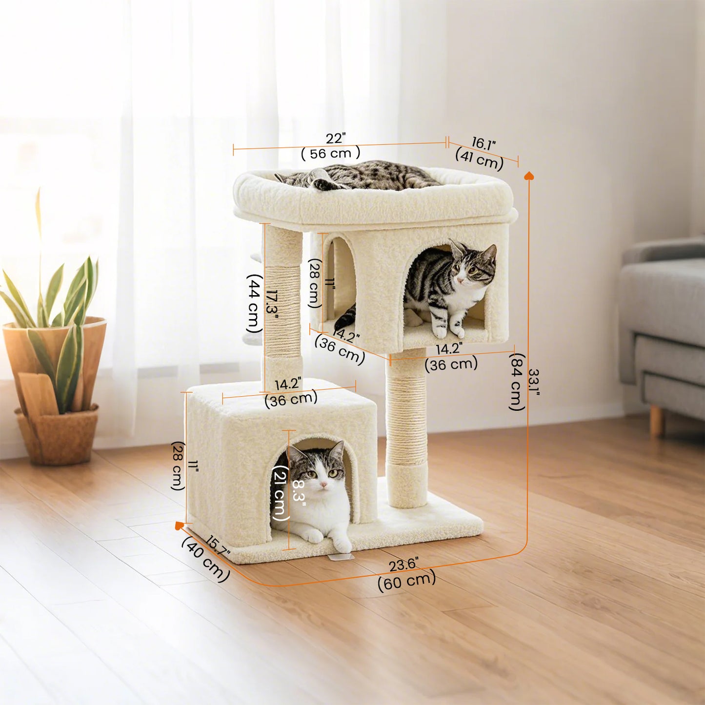33.1-Inch Cat Tree for Large Cats - XL Perch & 2 Caves with Scratching Posts - Multi-Level Cat Condo with Anti-Tip Kit, Beige