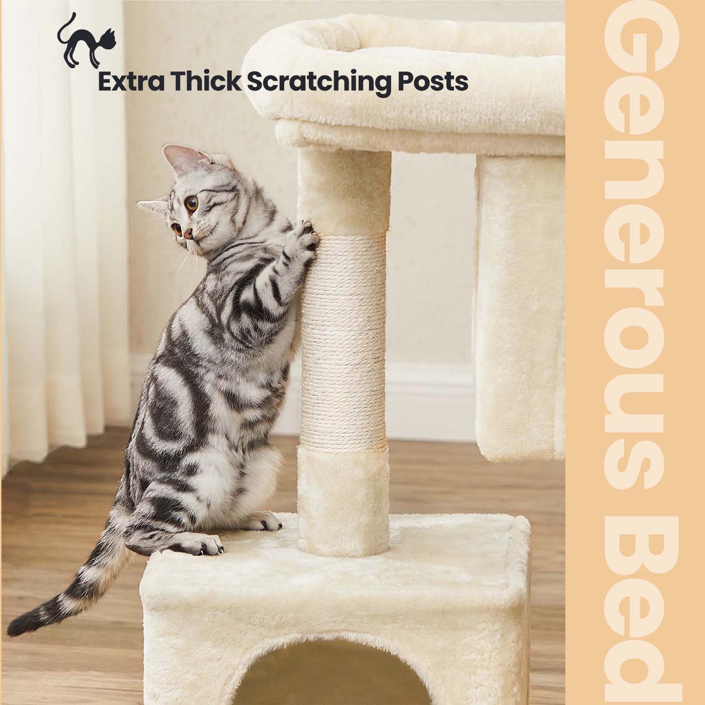 33.1-Inch Cat Tree for Large Cats - XL Perch & 2 Caves with Scratching Posts - Multi-Level Cat Condo with Anti-Tip Kit, Beige