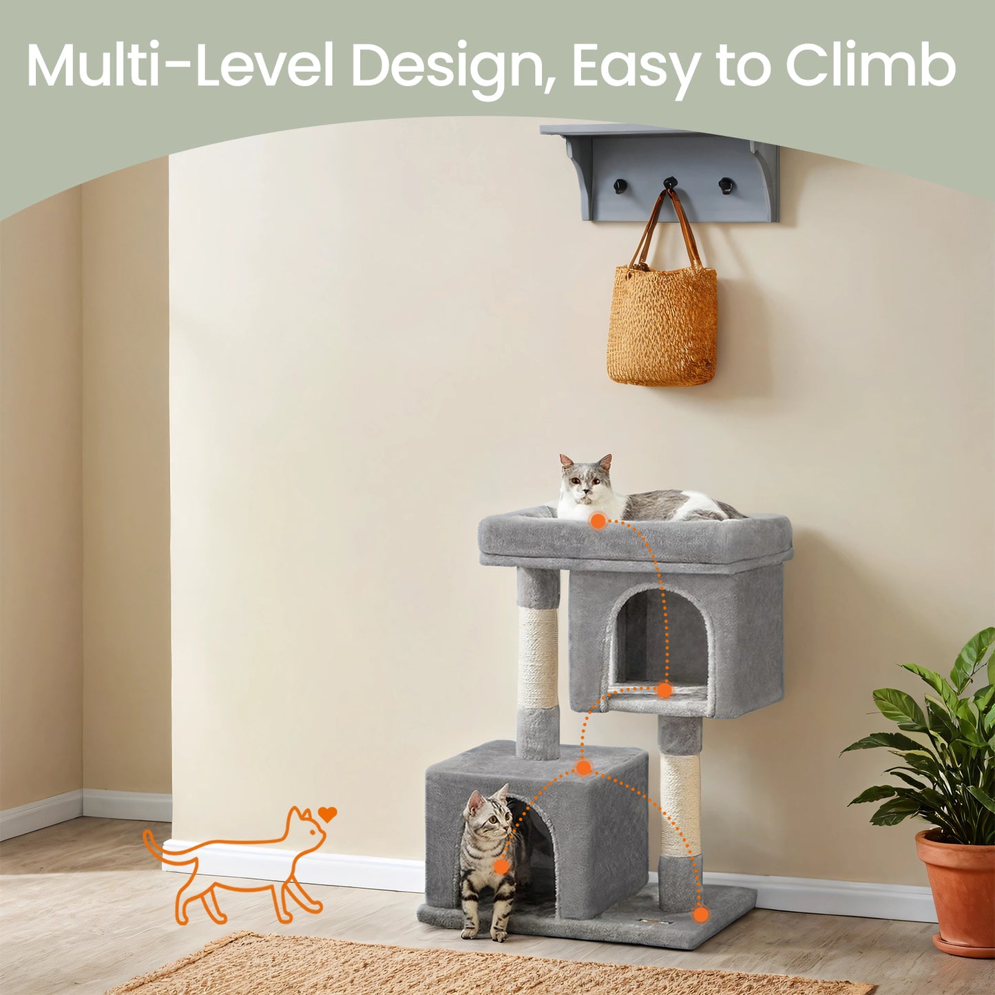 Cat Tree, 33.1-Inch Tower with Large Perch, 2 Cozy Caves, Scratching Posts, Multi-Level Condo for Large Cats up to 16 lb, Sturdy Base & Anti-Tip Kit, Light Gray