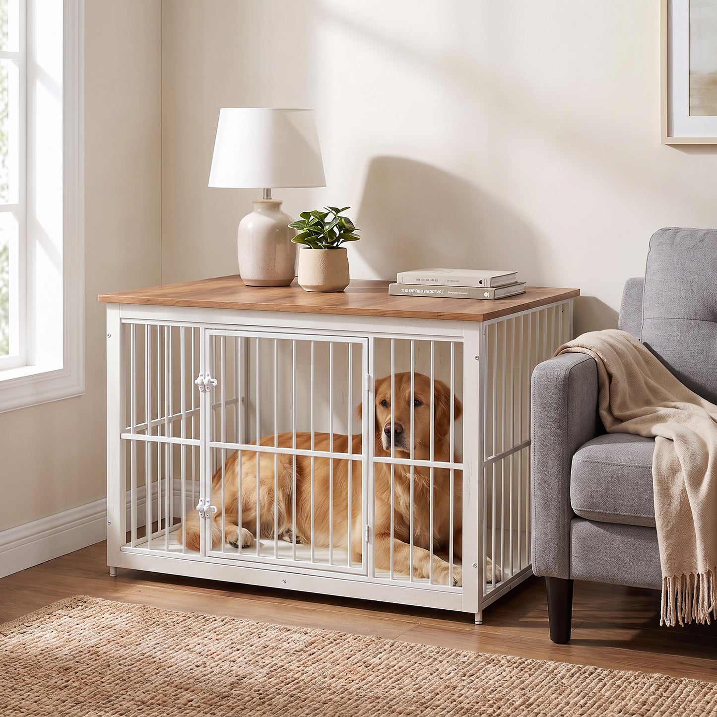 Wooden Dog Crate Furniture with Double Doors, 48" Kennel Side Table for Large Dogs, Removable Tray, Rustic White & Honey Brown