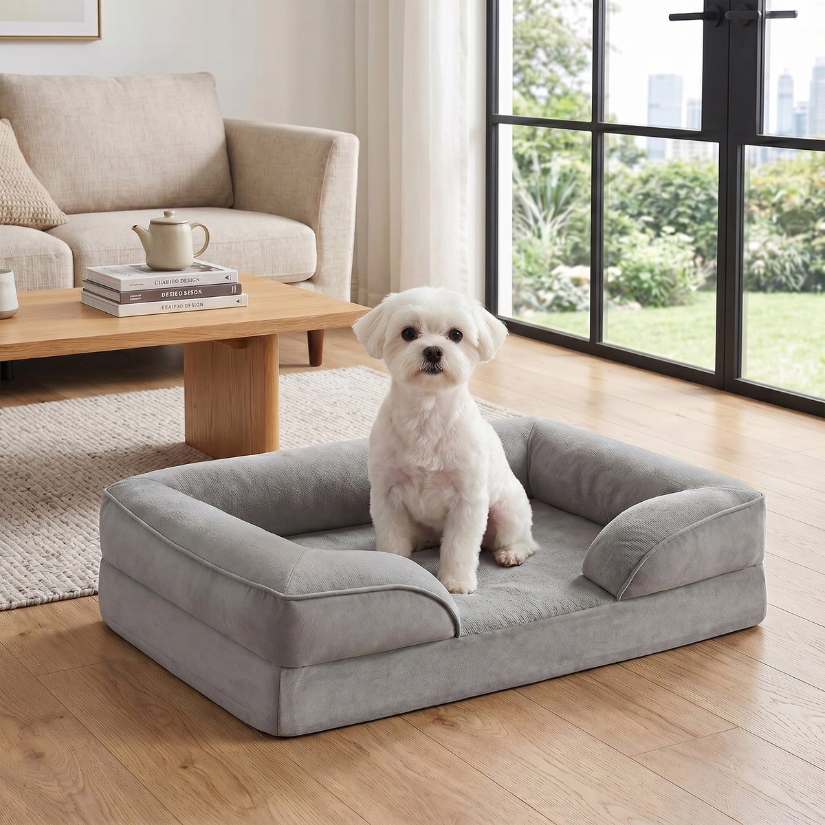 LEDREM Sofa Dog Bed with Egg Crate Foam and Washable Cover, 29.9 x 20.1 x 6.3 inches, Grey