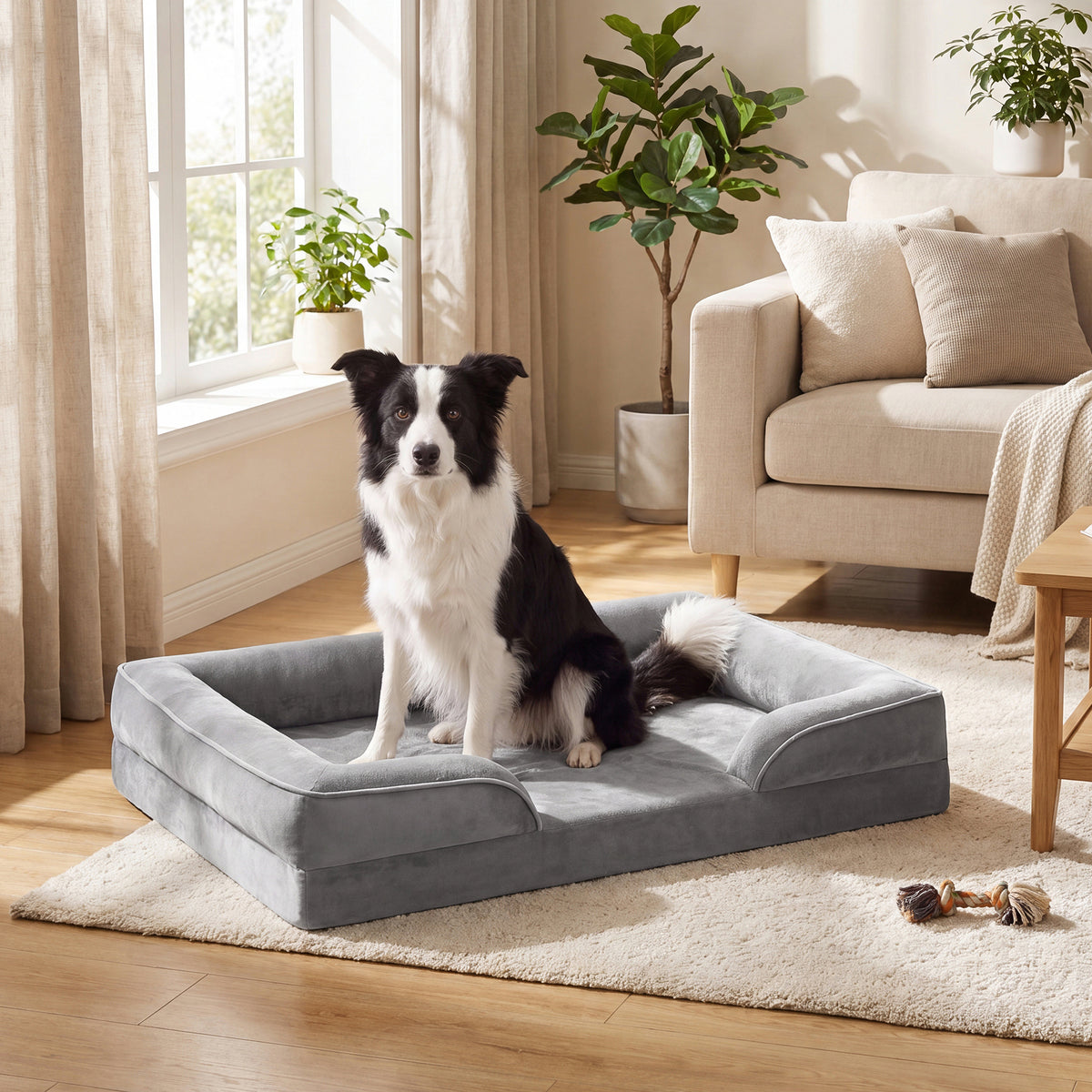 LEDREM Sofa Dog Bed with Waterproof Washable Cover and Non-Slip Bottom 40.9 x 27.2 x 6.7 Inches Grey