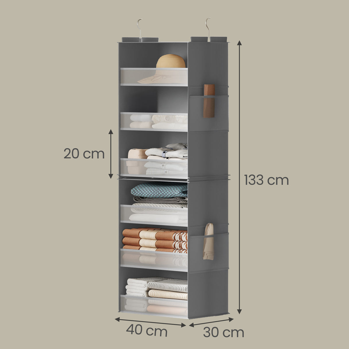 LEDREM Foldable Hanging Closet Organizer, 6-Tier Non-Woven Fabric Storage Shelf, Steel Hooks and Bamboo Inserts, Gray