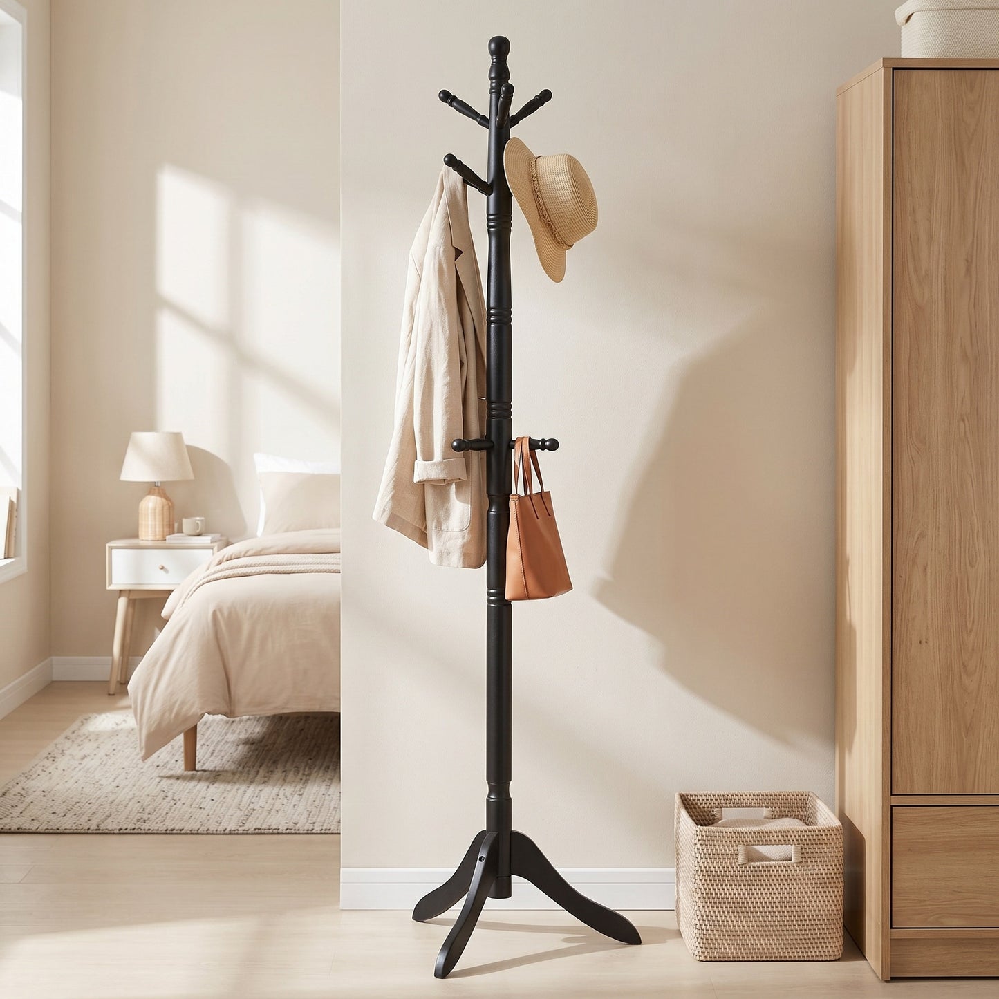 Solid Wood Coat Rack, Freestanding Hat Tree Stand with 9 Hooks, 20.1 x 17.5 x 70.9 inches, Black